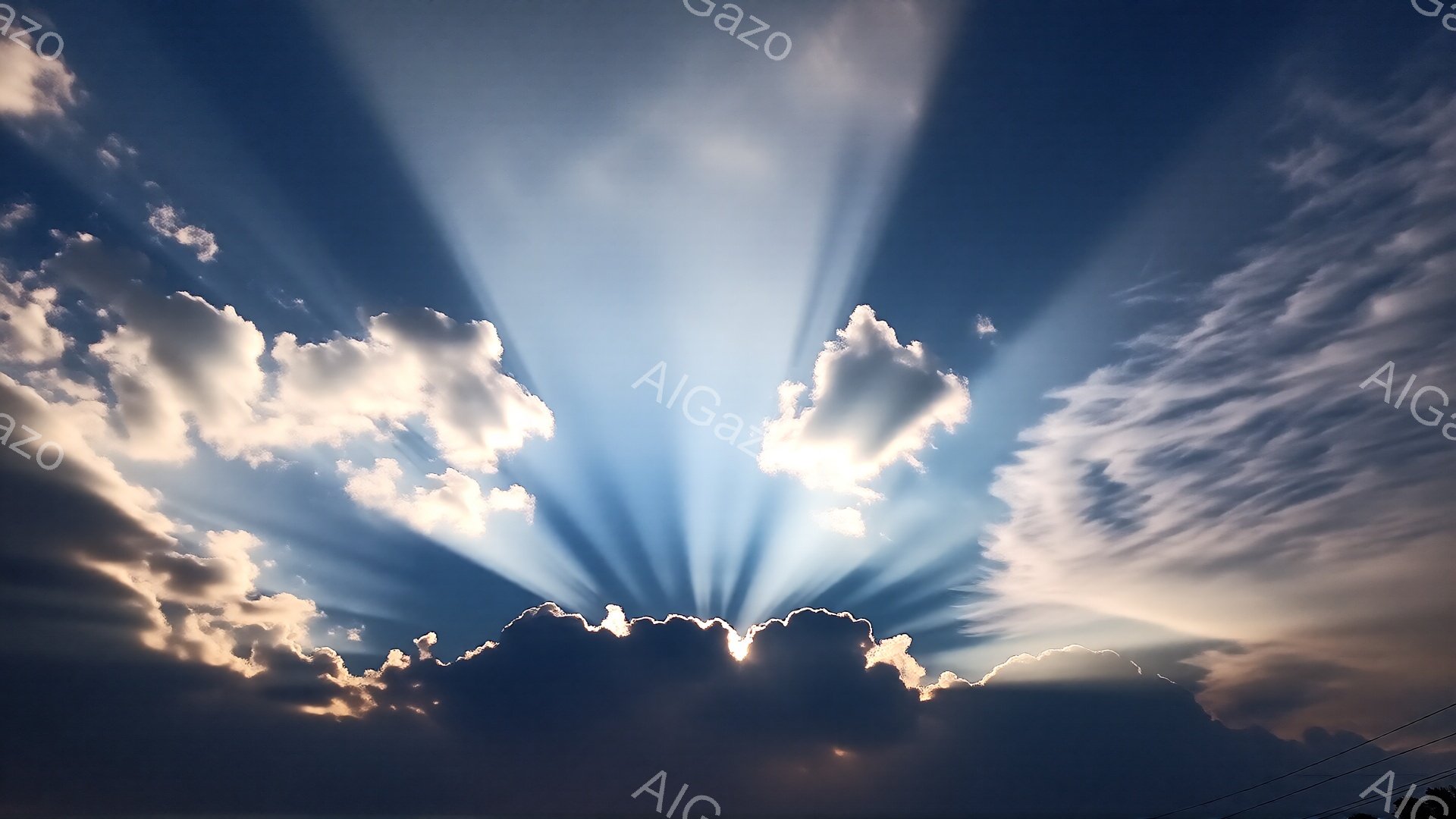 深い青色の空に、白く輝く雲が広がっています。太陽の光線が雲の間から力強く差し込み、まるで天国への道のような神々しい光景を作り出しています。雲の形は多様で、一部は厚く重厚で、また一部は繊細で羽のような姿をしています。