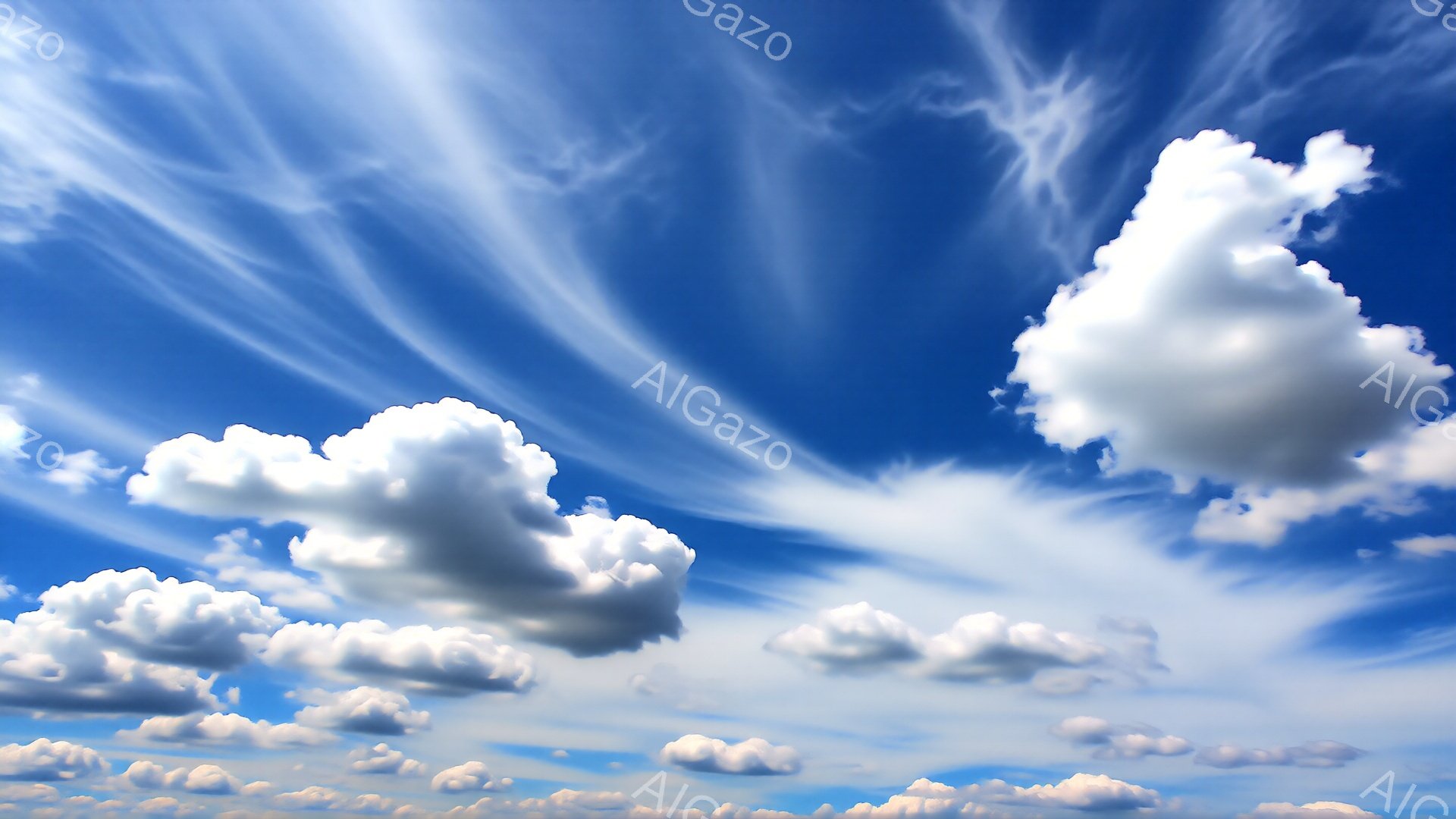 鮮やかな青空に、白い雲が浮かんでいます。ところどころに薄い筋状の雲が流れ、空全体に動きを感じさせます。穏やかで開放的な雰囲気で、晴れた日の自然の美しさが際立っています。 - AI生成フリー素材