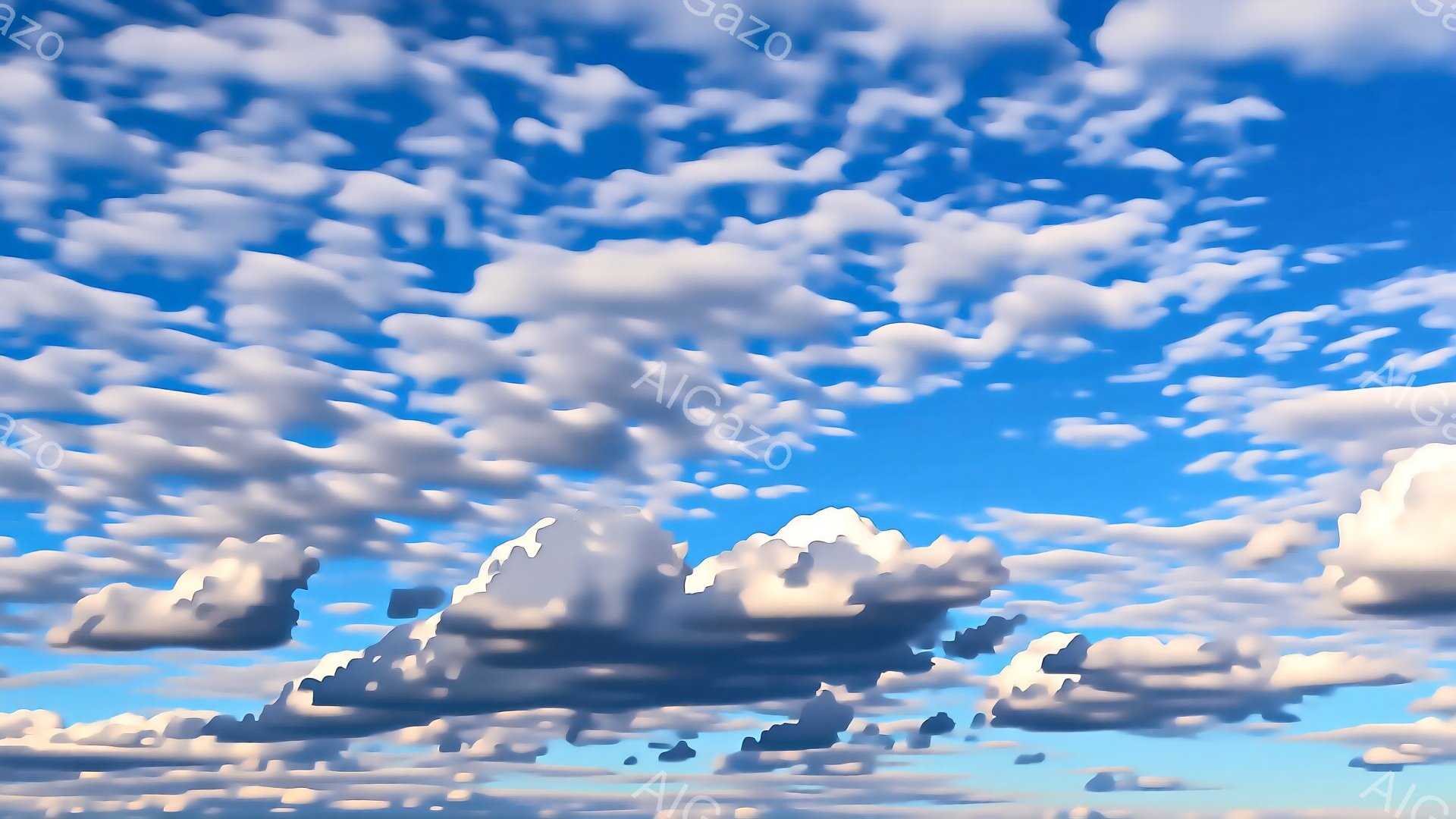 鮮やかな青空に、ふわふわとした白い雲が密集して広がっています。雲は羊の毛のような丸い形をしており、太陽の光を浴びて白く輝いています。全体的に穏やかで晴れやかな、夏の日の空の様子を捉えた写真です。