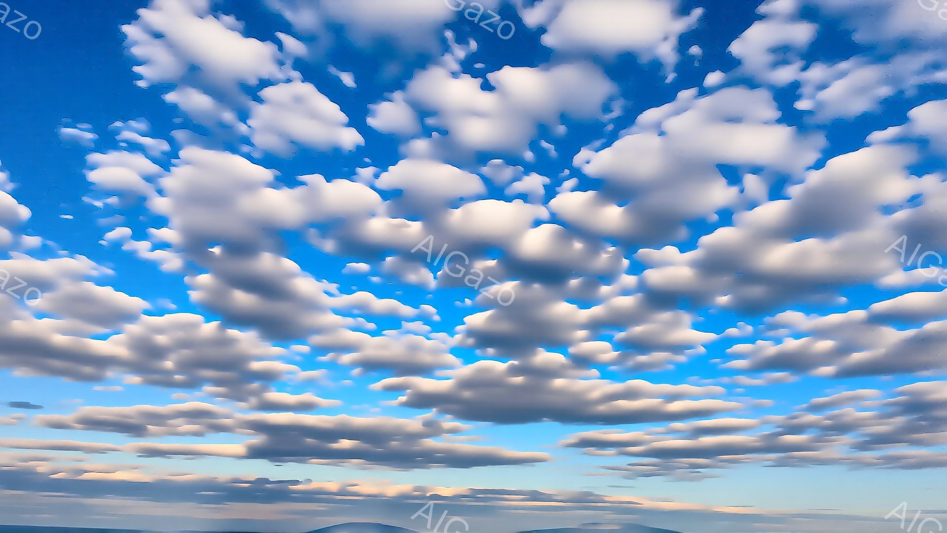 広大な青空を覆う、羊雲のようなもくもくとした雲が印象的な光景です。地平線にはぼんやりと山並みが見え、穏やかで平和な雰囲気を醸し出しています。空の色は明るい水色から濃い青色へとグラデーションを描き、雲の - AI生成フリー素材