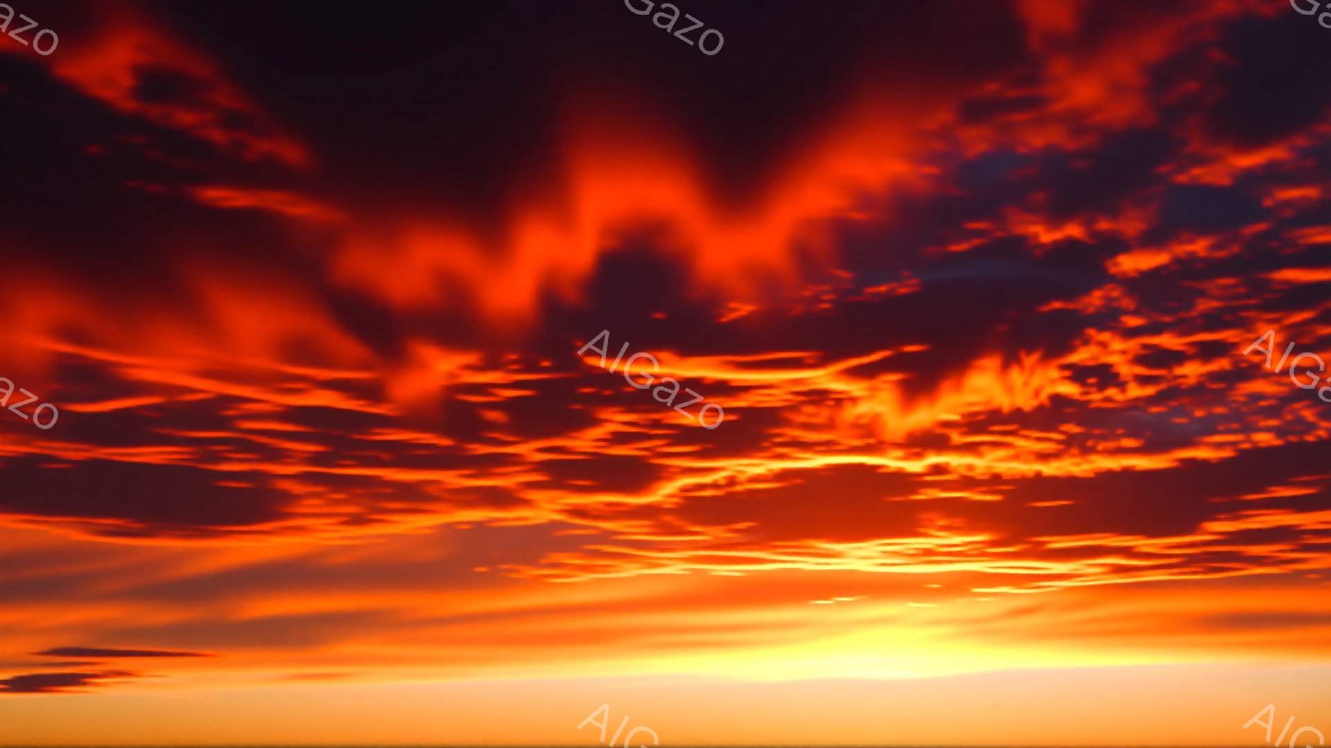 空は燃えるような赤とオレンジ色のグラデーションで覆われ、まるで炎が広がっているかのような壮大な夕焼けを描いている。雲は水平方向に伸びており、太陽光を受けて金色に輝き、力強い光線が空全体を照らしている。下部は鮮やかな黄色で、地平線に沈む太陽の温かさと静寂さを感じさせる。
