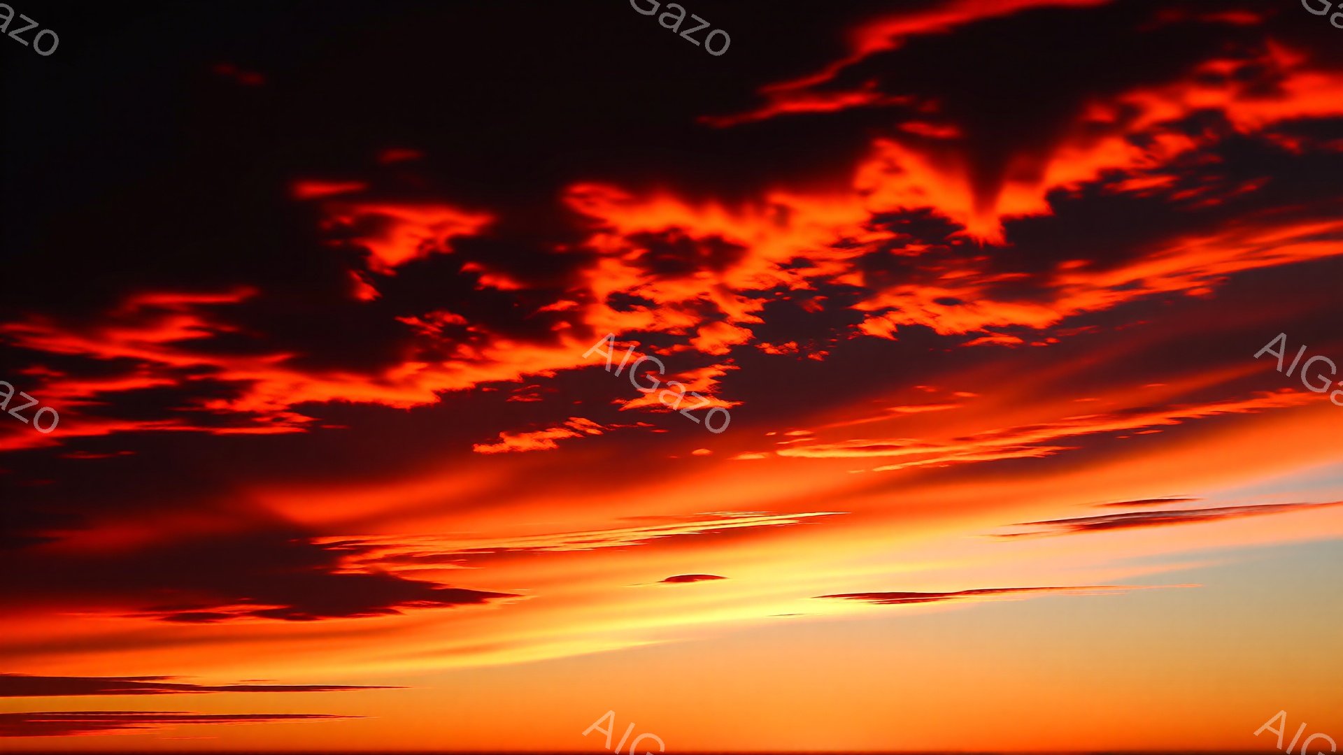 深紅とオレンジ色が支配する空が広がっており、雲はまるで燃え盛る炎のように波打ち、ドラマチックな光景を作り出している。地平線付近は明るいオレンジ色で、上空へ向かうにつれて深みのある赤色へと変化し、夕焼けの壮大さを強調している。雲の形状は力強く、まるで筆で描かれた絵画のようで、見る者に圧倒的な自然の力強さを感じさせる。