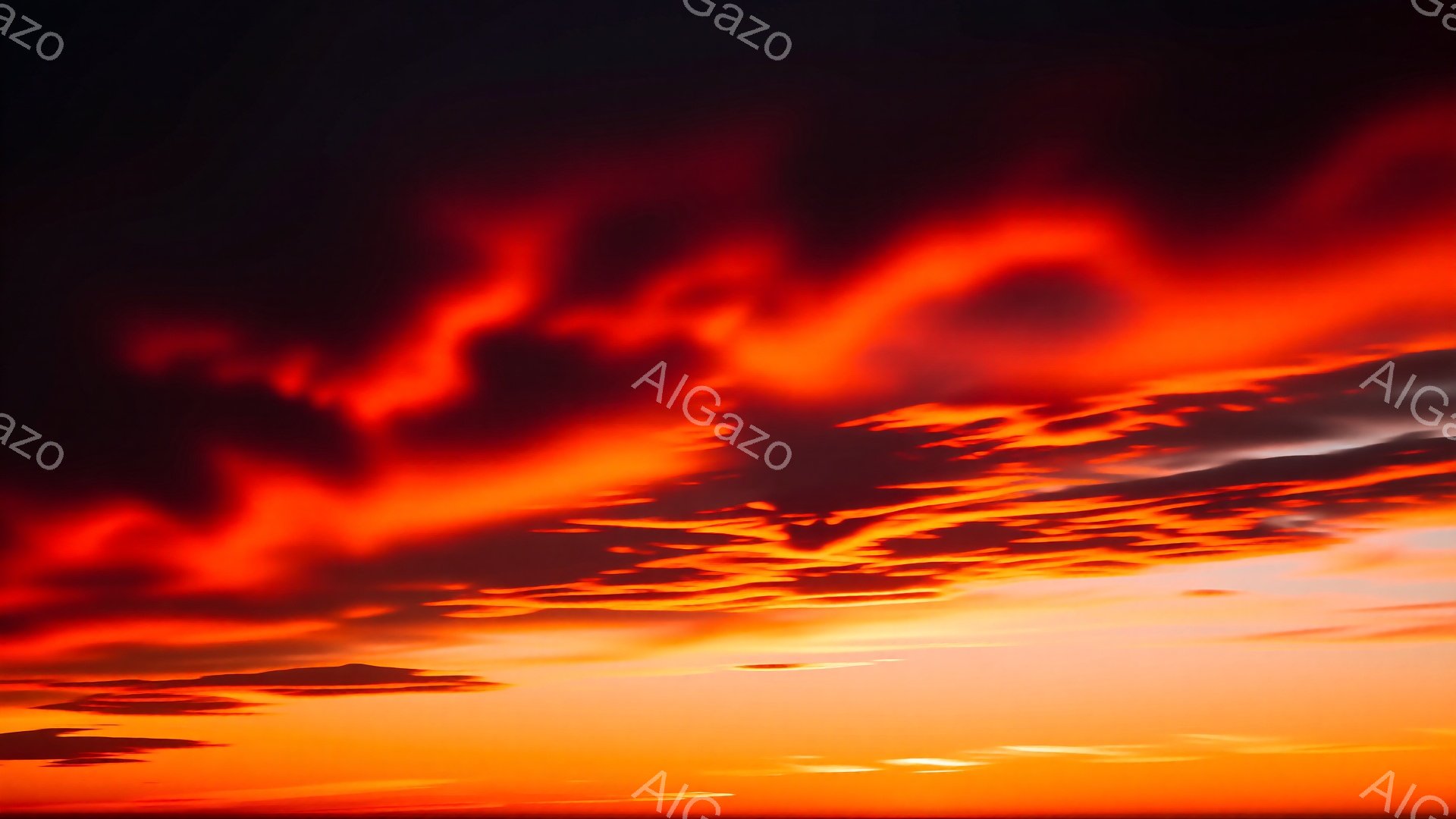 燃え上がるような夕焼け空が広がっており、赤とオレンジの色が混ざり合い、雲がまるで炎のように見える。地平線近くは明るいオレンジ色で、上空へ向かうにつれて深みのある赤色へと変化していくグラデーションが印象的だ。全体的に力強く、ドラマチックな雰囲気を醸し出している。