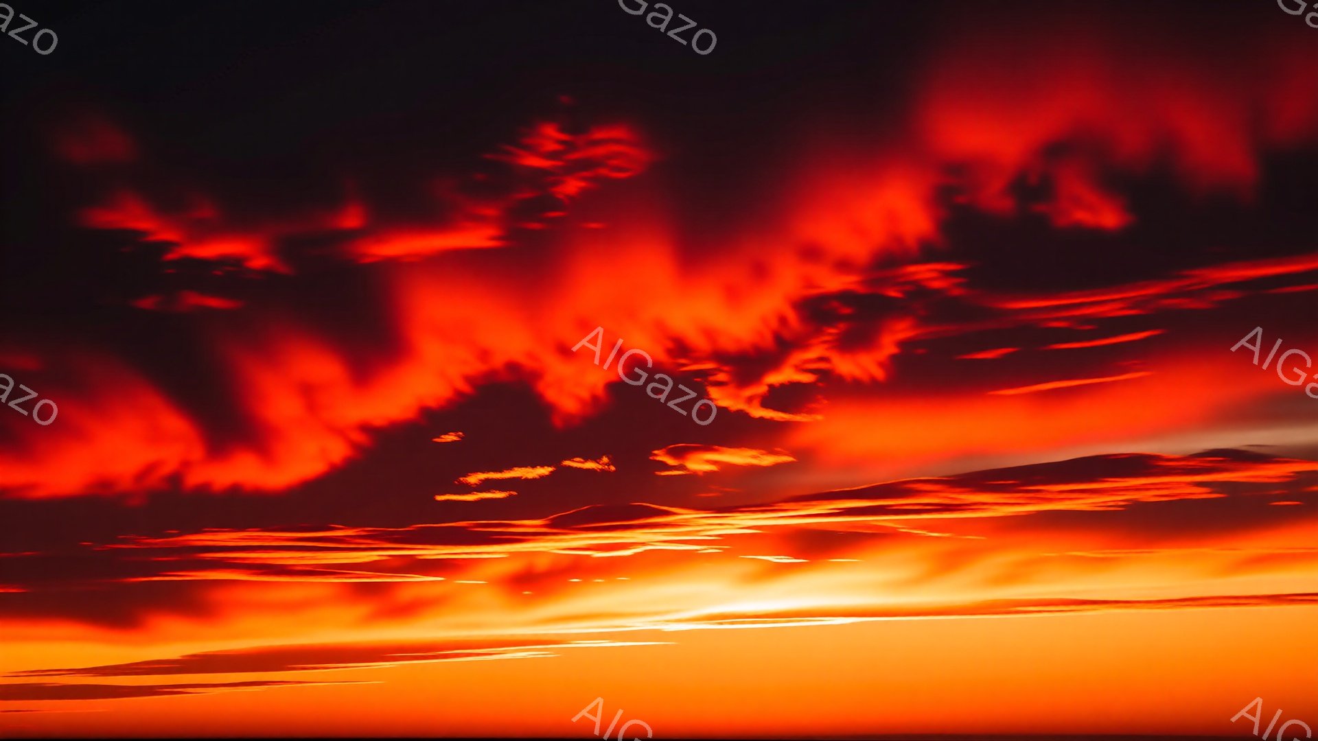 強烈な夕焼け空が広がっており、地平線付近は鮮やかなオレンジ色から徐々に深みのある赤色へと変化している。雲は燃え盛る炎のような独特の形状をしており、空全体にドラマチックな雰囲気を醸し出している。この情景は、まるで世界が赤く染め上げられたかのような、力強くも幻想的な印象を与える。