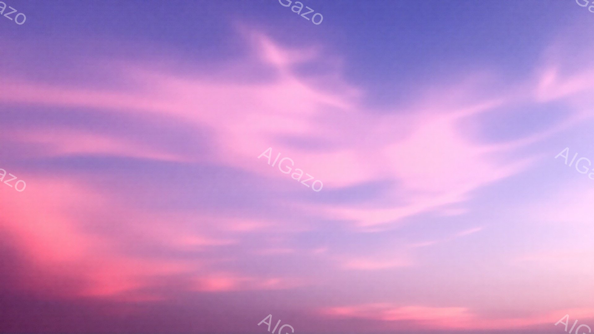 空は鮮やかなピンクと紫のグラデーションで覆われ、まるで絵の具が溶け合ったような美しい色彩を呈している。雲は柔らかく、波打つように空を漂い、夕焼けまたは夜明けの穏やかな雰囲気を醸し出している。全体的に、 - AI生成フリー素材