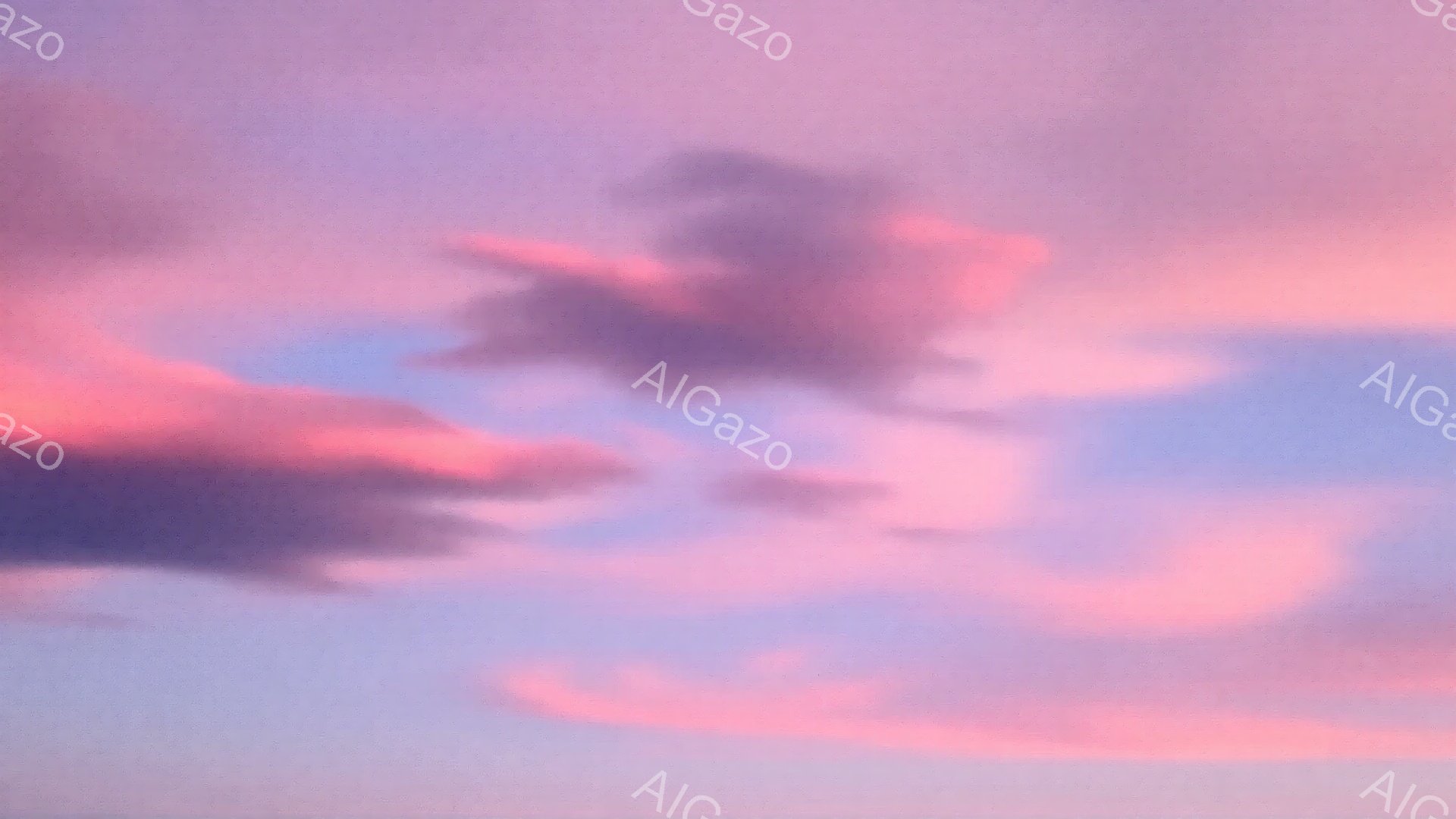 鮮やかなピンクと紫色の雲が空一面に広がっており、まるで燃えるような夕焼け空を思わせる光景です。雲の形は柔らかく、重なり合いながら幻想的な雰囲気を醸し出しています。全体的に穏やかでロマンチックな情景が広 - AI生成フリー素材