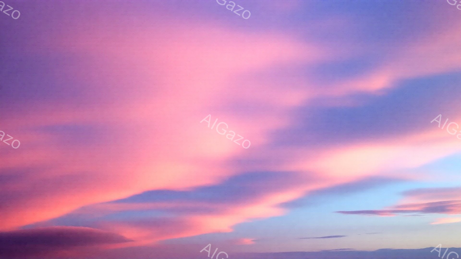 鮮やかなピンクと青紫色の雲が空を覆い、まるで絵の具が混ざり合ったような幻想的な光景が広がっている。雲の形は独特で、まるで波や羽根のようにうねり、光の当たり方によって立体感が強調されている。地平線にはか - AI生成フリー素材