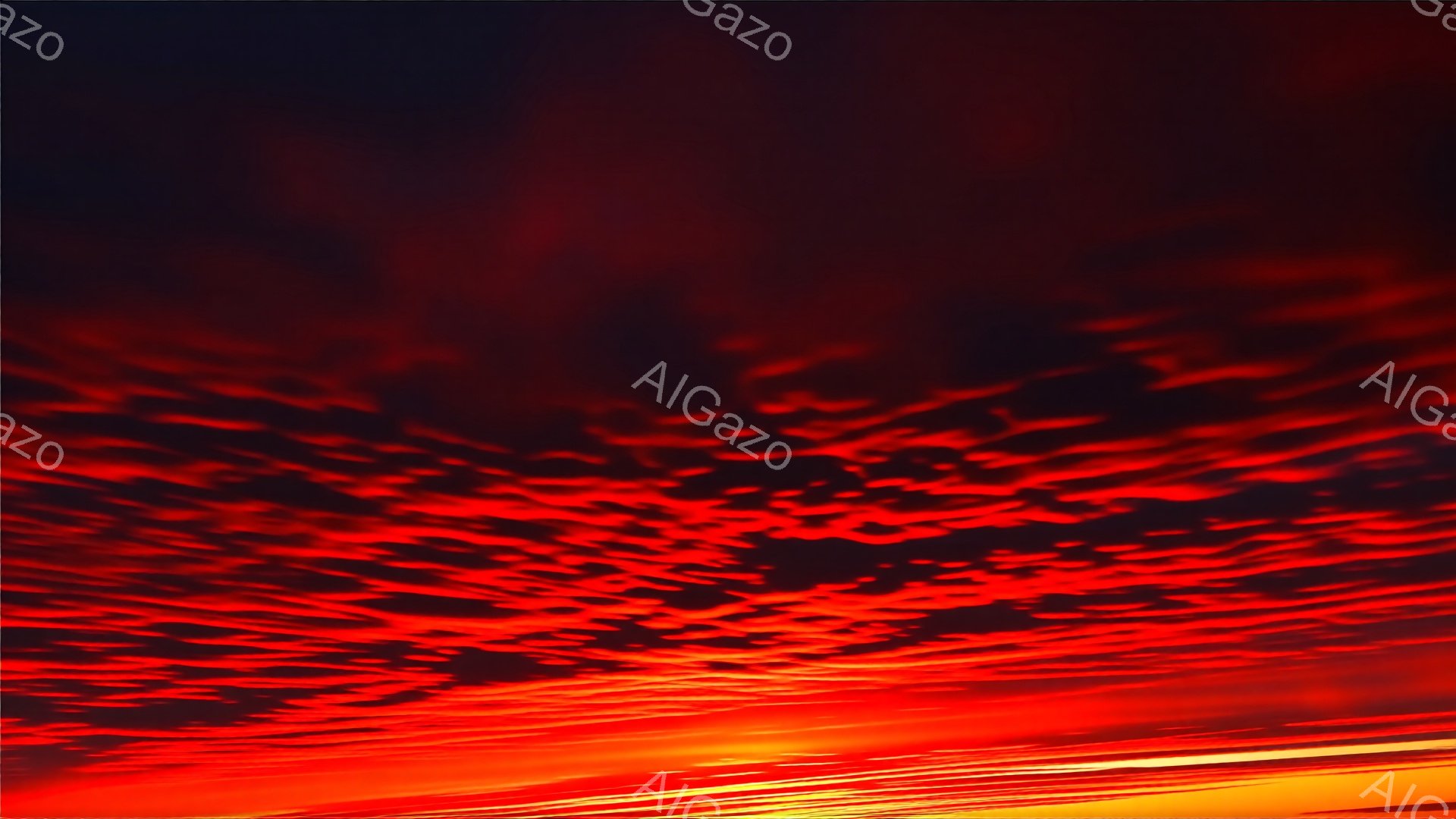 空は燃えるような赤色と暗い青色が混ざり合い、ドラマチックな光景を作り出している。地平線近くには明るいオレンジ色の光が広がり、空全体に複雑な雲の模様が広がっている。この鮮烈な色彩と雲の質感は、夕焼けまたは日の出の壮大さを感じさせる。