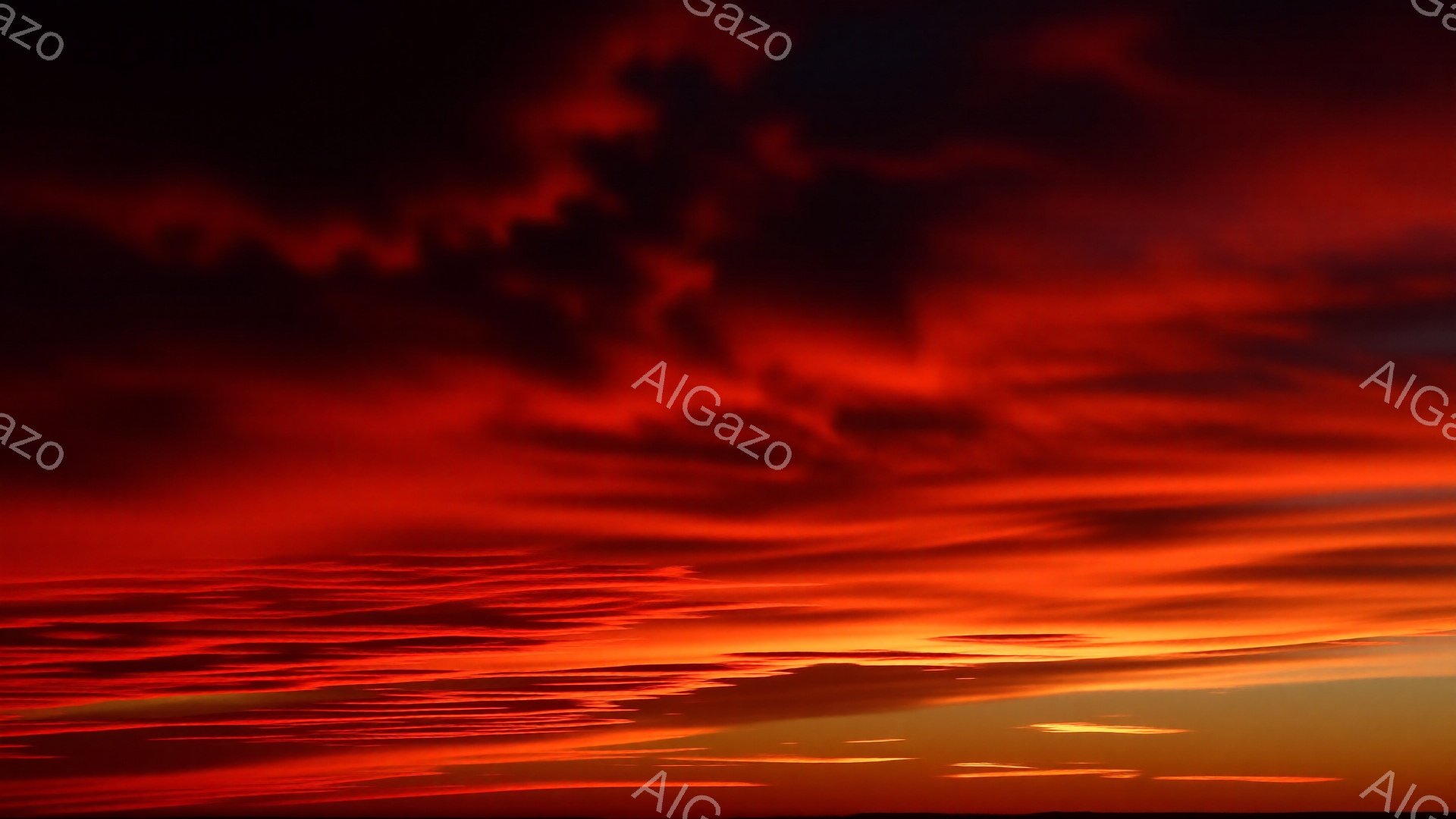 空は燃えるように赤い雲で覆われ、地平線近くには黄金色の光が広がっている。雲はまるで炎のようにうねり、ドラマチックな夕焼けの風景を作り出している。地平線にはかすかに地上のラインが見え、全体の印象は力強く、壮大だ。