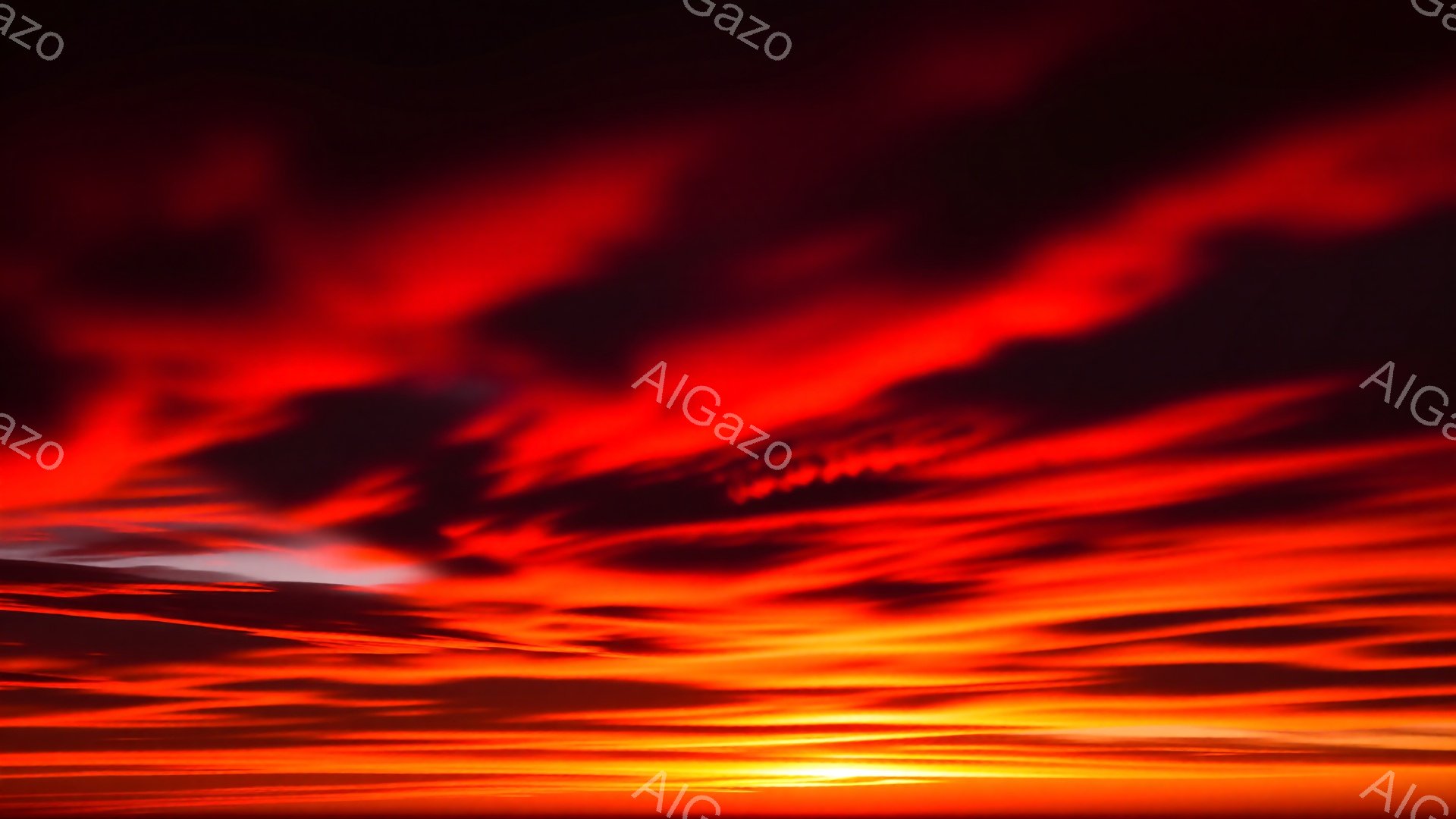 燃え上がるような夕焼け空が印象的な画像です。地平線には太陽が沈みかけており、空全体が赤、オレンジ、そしてわずかな紫色のグラデーションで染められています。雲はまるで炎のように細く、空を横切ってドラマチッ - AI生成フリー素材