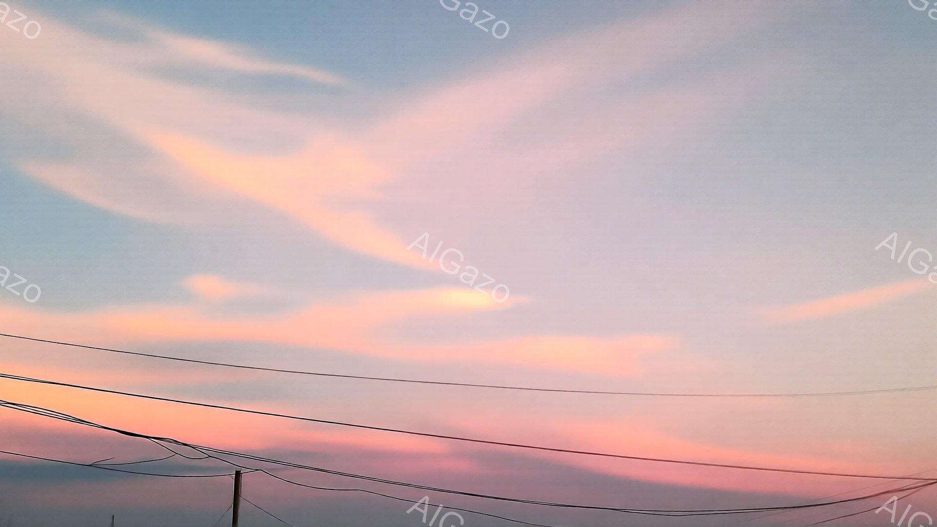 空は夕焼けの名残りで、淡いピンク色とオレンジ色が混ざり合い、幻想的なグラデーションを描いています。電線が画面下部を横切り、近隣の建物や自然を暗示しています。穏やかで落ち着いた雰囲気が漂い、一日の終わりを告げる静けさが感じられます。