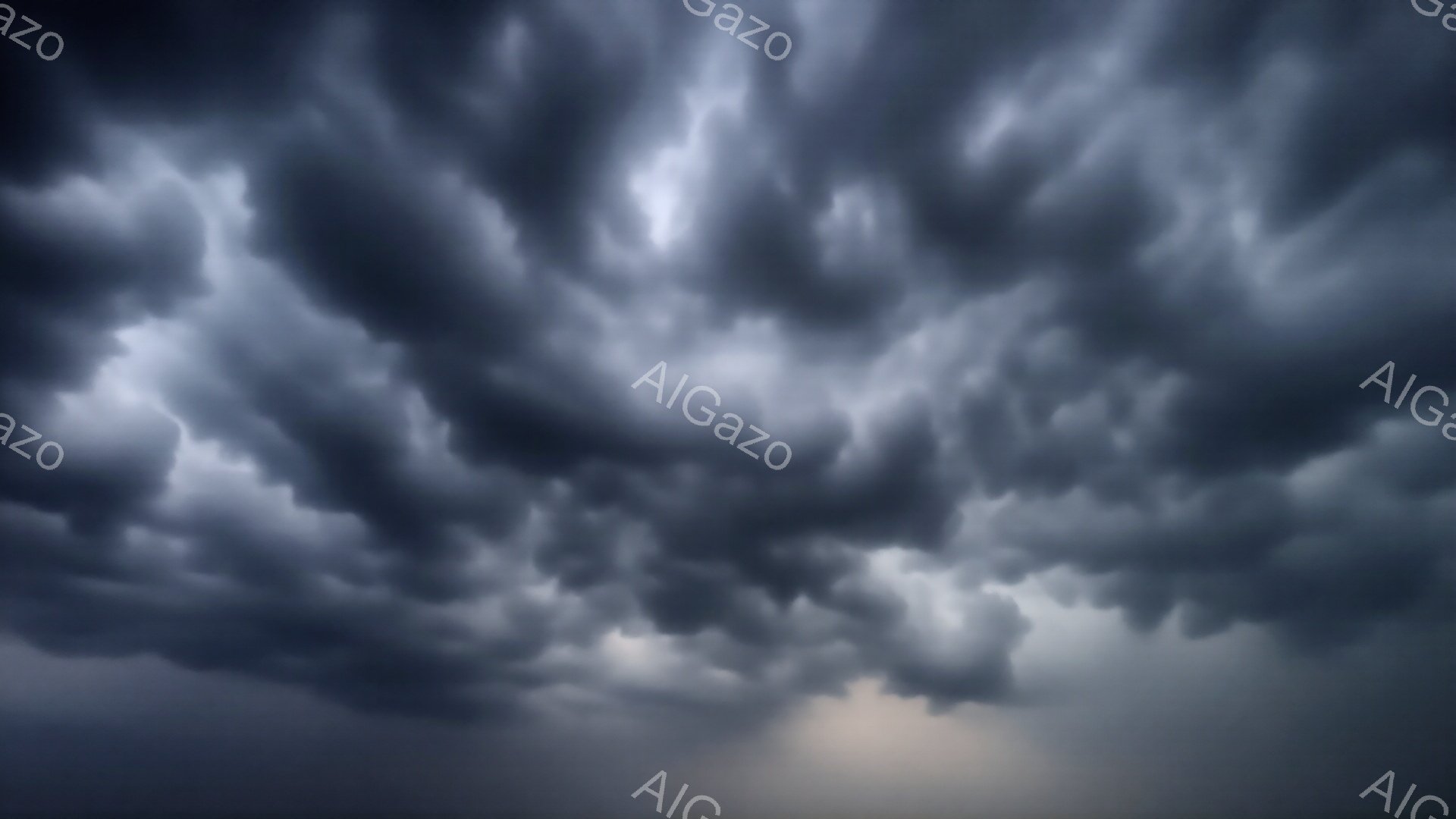 濃い灰色の雲が空一面を覆い、重苦しい雰囲気を醸し出している。雲はうねり、激しい嵐の前兆を感じさせる。地平線にはわずかな光が差し込み、暗闇とのコントラストが印象的だ。 - AI生成フリー素材