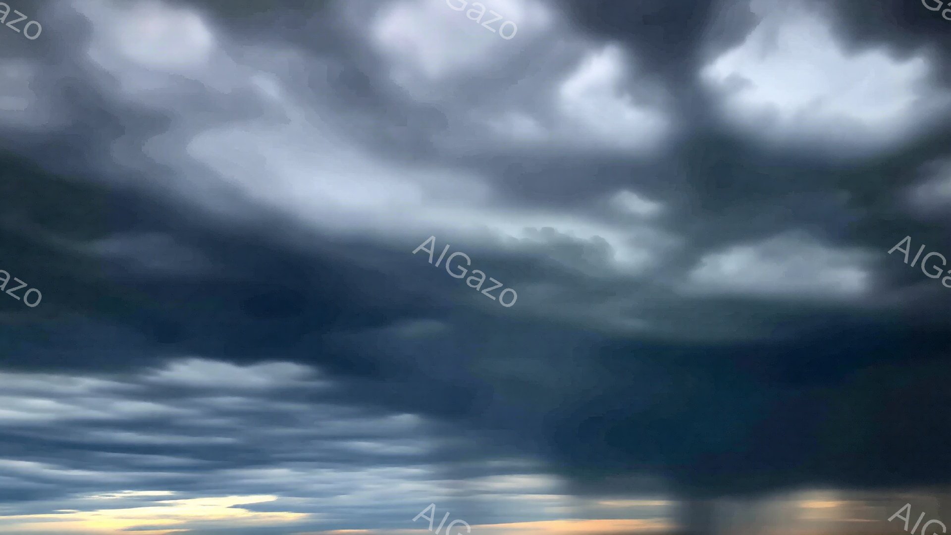 雲が空一面に広がり、暗く重々しい雰囲気を醸し出しています。地平線付近にはかすかにオレンジ色の光が差し込み、雲の暗さとコントラストを強めています。空模様は嵐の前兆を暗示しており、静けさの中に緊張感が漂っています。