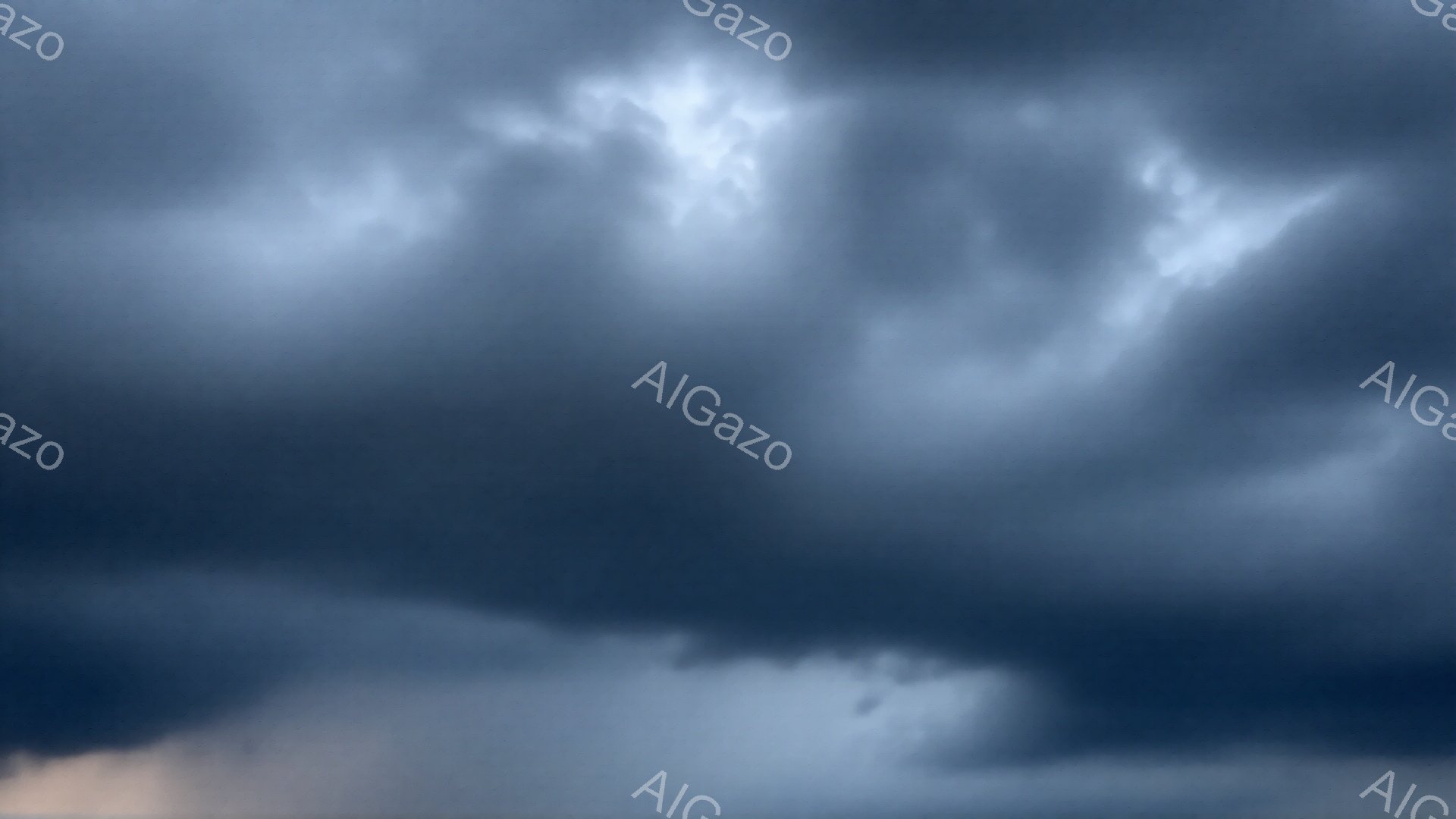 濃い灰色の雲が空を覆い、重々しい雰囲気を醸し出しています。雲の形は不規則で、まるで嵐の前触れのように見えます。一部の雲は光を反射して白く輝いており、暗い空とのコントラストが印象的です。 - AI生成フリー素材