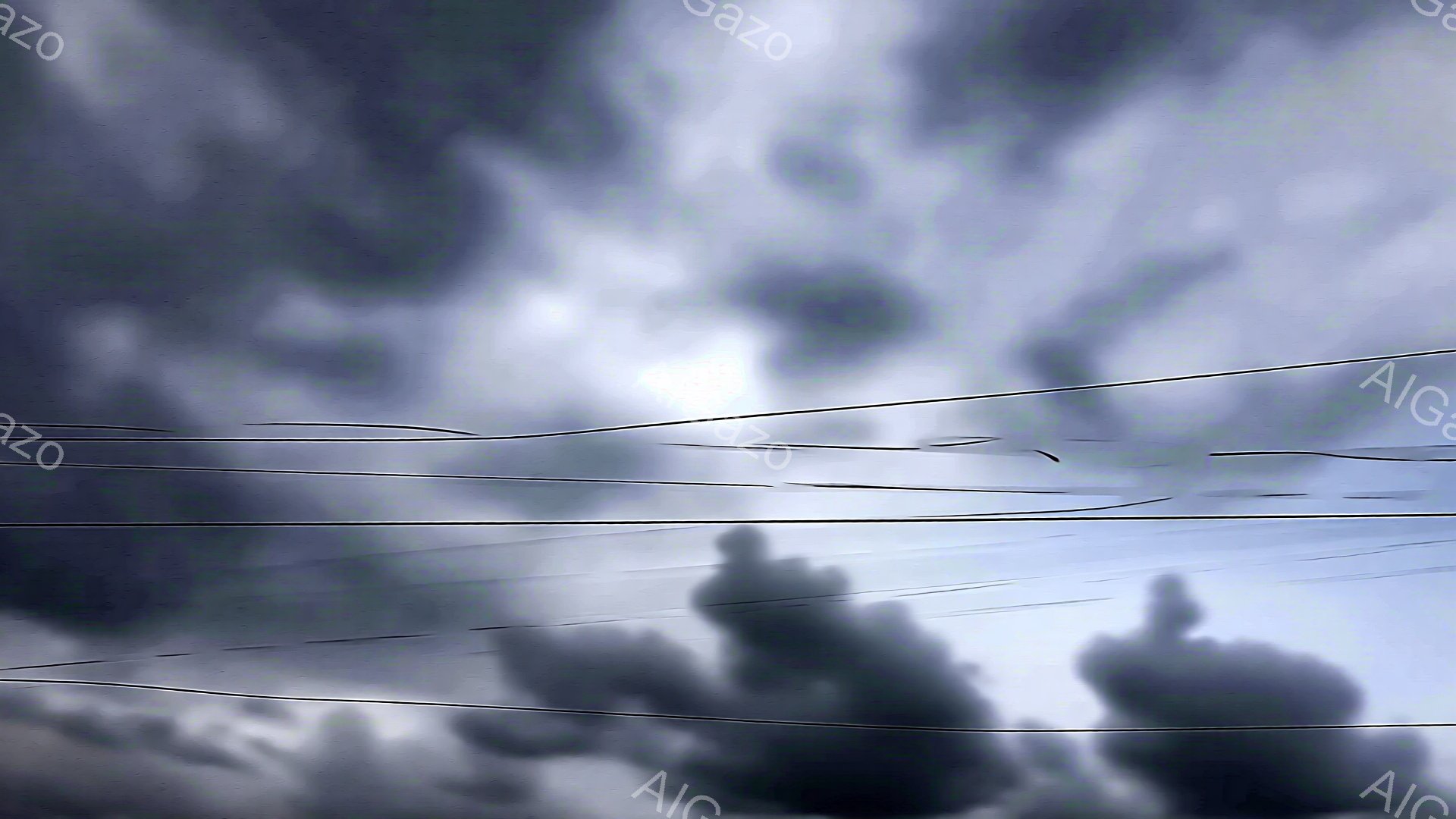 灰色の雲が広がり、光がわずかに差し込んでいる空模様が描かれている。画面上部には、何本かの電線または木の枝のようなものが横切っており、光と影のコントラストが強い。全体的に重苦しい、嵐の前のような雰囲気が漂っている。