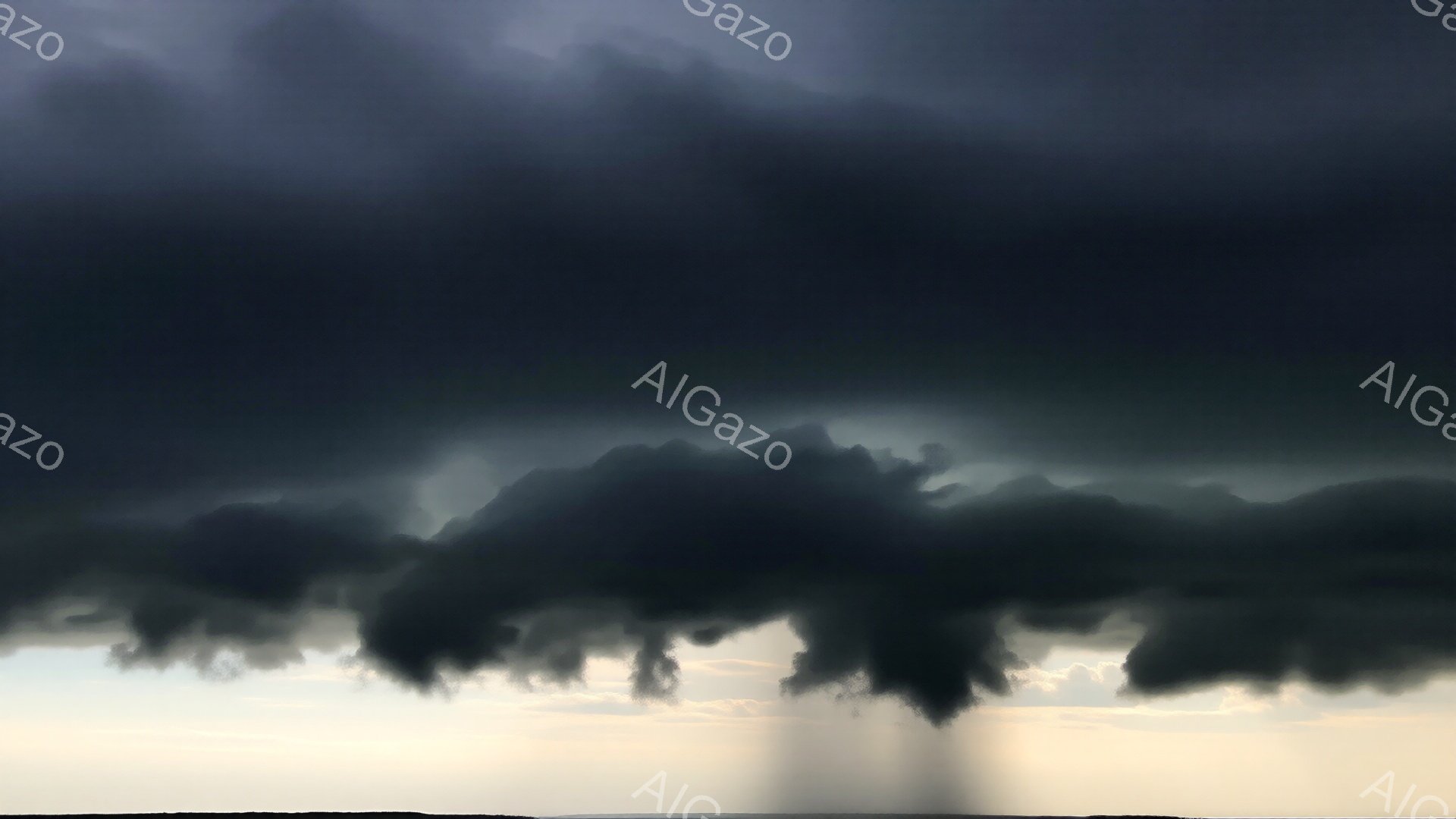 巨大な暗雲が地平線を覆い、まるで巨大な壁のようにそびえ立っている。雲の下からは、まるで雨粒のように見える光線が地表へと降り注ぎ、ドラマチックな光景を作り出している。空は夕焼けの名残で薄いオレンジ色に染 - AI生成フリー素材