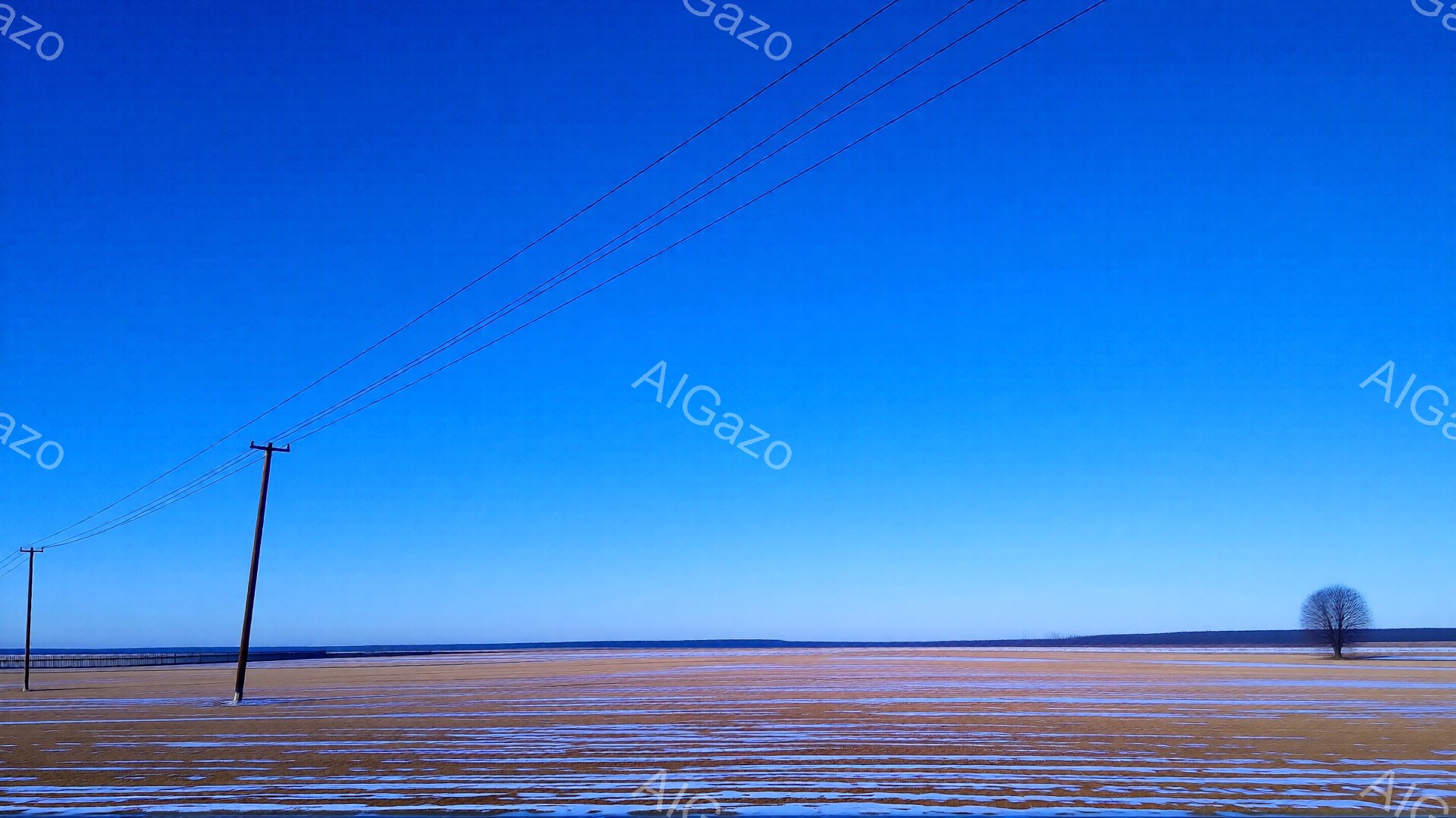 広大な田園風景が広がり、地平線には遠くの木々が見える。電柱が数本立ち並び、空は鮮やかな青色で、地面はまだ雪解けの跡が残る茶色と白のまだら模様になっている。全体的に静かで、冬の終わりから春の始まりを感じさせる穏やかな雰囲気である。