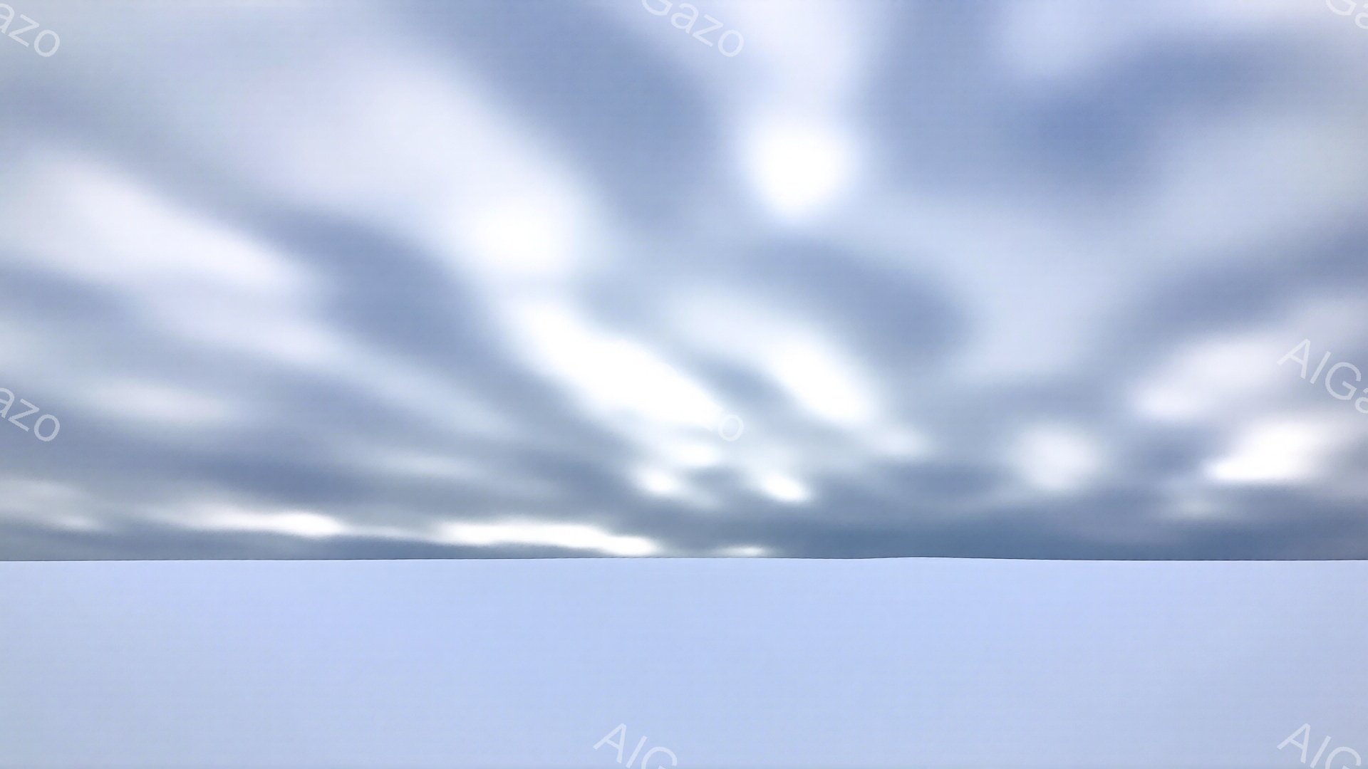 空一面に白い雲が広がり、まるで波のような模様を描いています。地平線近くには薄いグレーの帯が見え、それが雲と境界線を引いています。全体的に穏やかで、少し幻想的な雰囲気です。