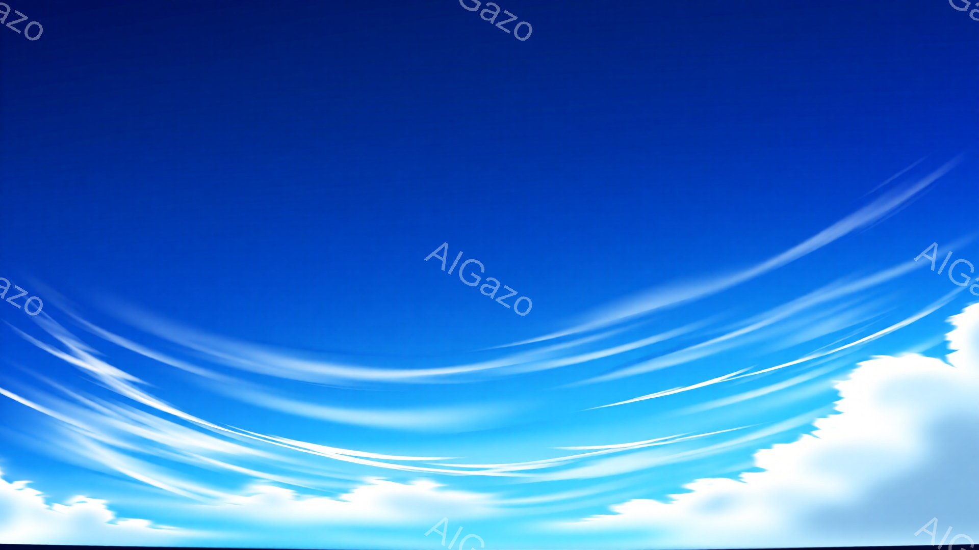 鮮やかな青空に、白い雲が流れる様子が描かれている。雲は空全体に広がり、筆のようなタッチで表現され、まるで水彩画のような印象を与える。穏やかで開放的な雰囲気で、爽やかな一日を予感させる。