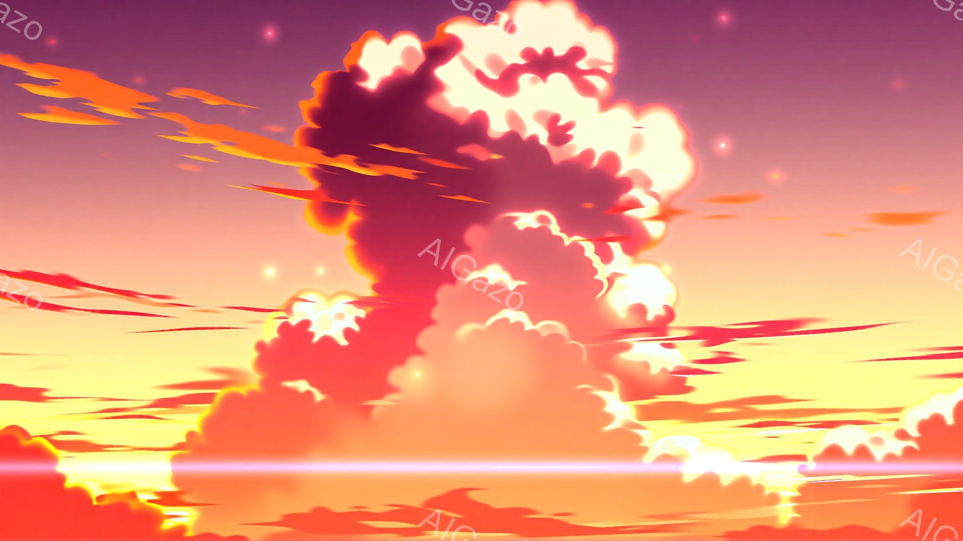 強烈なオレンジと赤色のエネルギーが渦巻く人物が描かれている。炎のような髪と、まるで溶岩のような身体を持つその姿は、攻撃的で威圧感がある。背景は燃え盛るような色彩で満たされ、激しい戦いや、強力な力の発揮を暗示している。