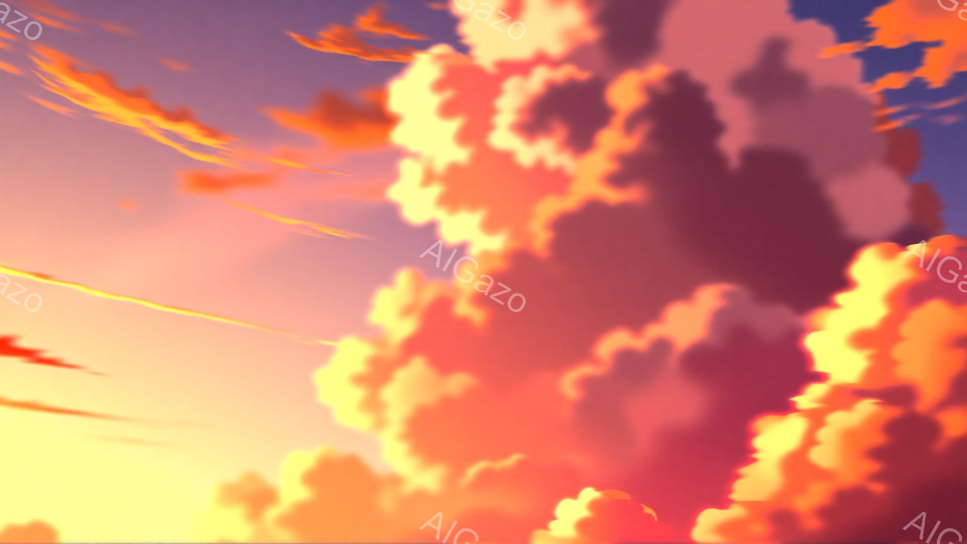 広大な空に燃えるような雲が広がっています。雲は鮮やかなオレンジ色、赤色、そしてわずかな紫色で染められ、まるで空全体が炎に包まれているかのような印象を与えます。空にはいくつかの白い線が見え、飛行機雲や光線のようなものが天空を横切っている様子が伺えます。