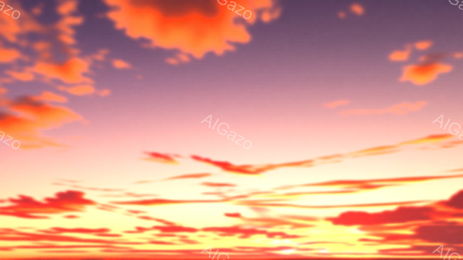 空は夕焼けの色合いで、オレンジ、赤、紫が混ざり合っている。雲は特徴的で、まるで炎のように燃え上がっているように見える。全体的に暖かく、ドラマチックな雰囲気が漂っている。 - AI生成フリー素材