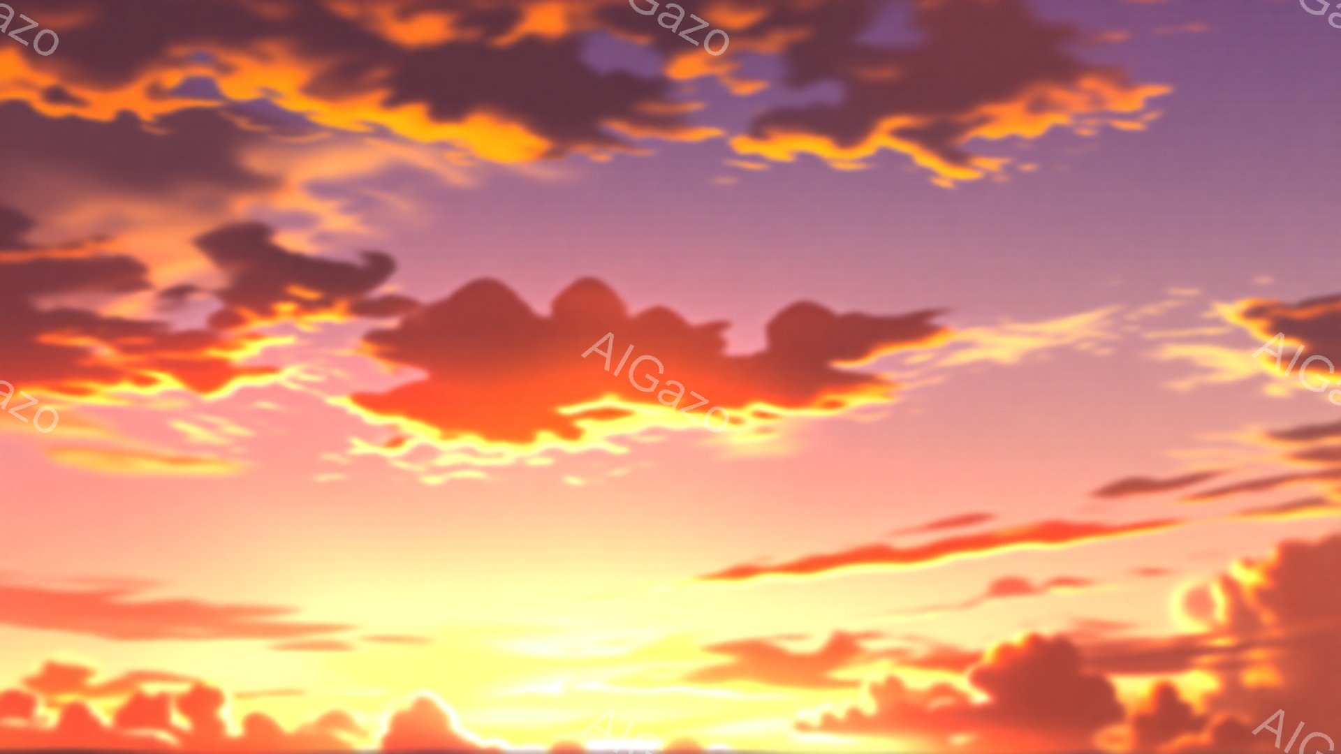 燃えるような夕焼け空が印象的な風景です。オレンジ、赤、紫の色が混ざり合い、ドラマチックな空を形作っています。地平線には暗いシルエットが見え、遠くの山脈や建物を示唆しています。 - AI生成フリー素材