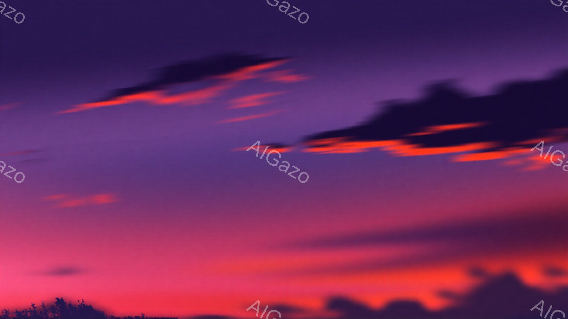 鮮やかな夕焼け空が広がり、地平線近くは燃えるような赤色から徐々に紫色へと変化している。空には、赤やオレンジ色の雲が層状に広がり、空全体にドラマチックな光景を作り出している。地平線付近には、暗いシルエッ - AI生成フリー素材