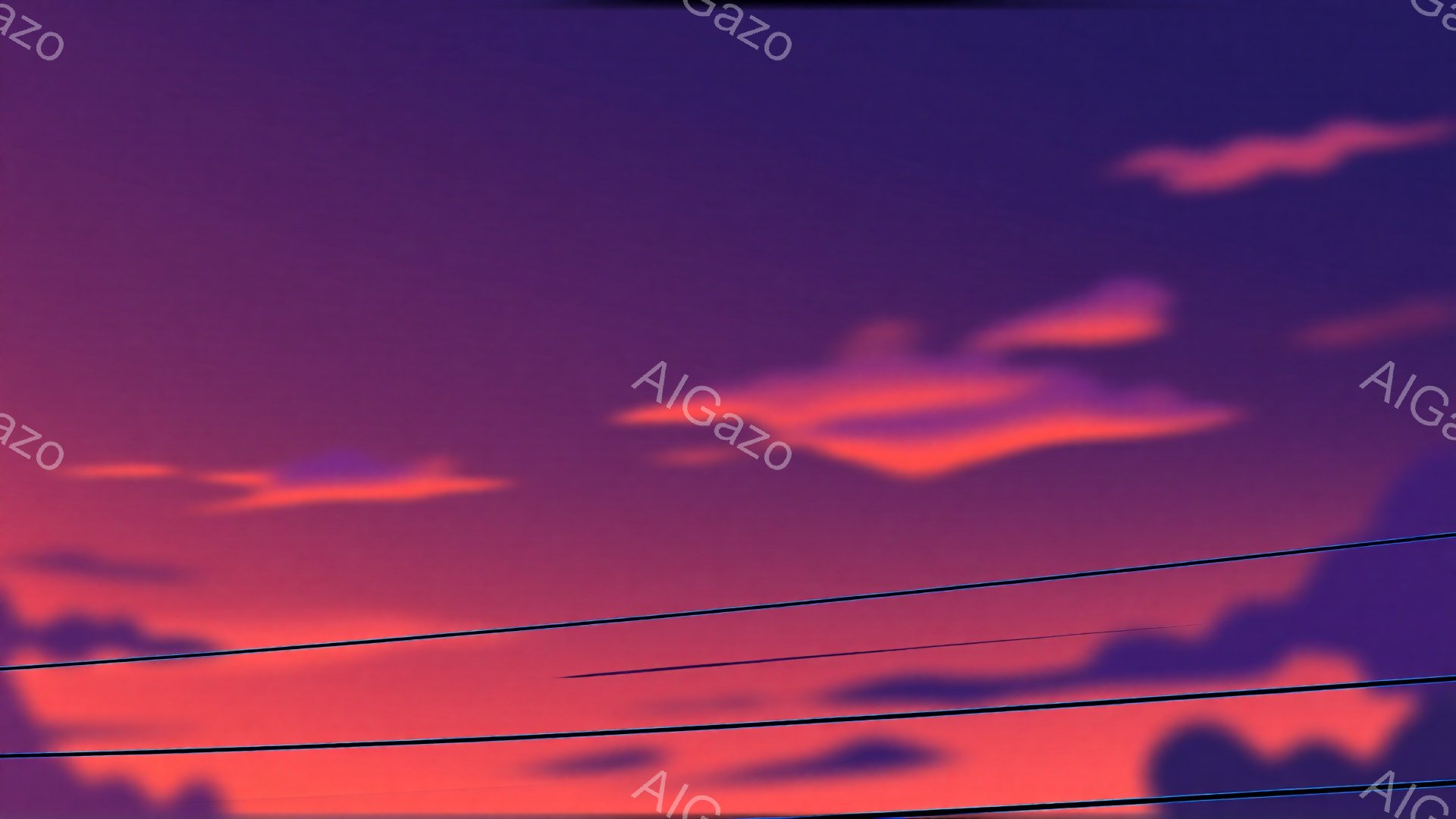 鮮やかなオレンジと紫色のグラデーションが印象的な画像です。ぼやけたシルエットがいくつか浮かんでおり、夜空を飛ぶ鳥のような印象を与えます。電線が画面下部に走り、都市の風景の一部を暗示しています。