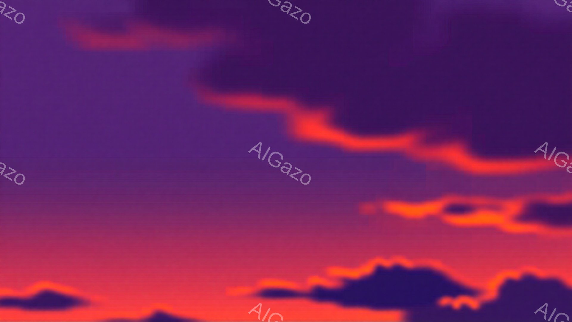 鮮やかな夕焼け空が広がっており、濃い紫色から燃えるような赤色へとグラデーションがかかっています。雲は、まるで炎のように赤く縁取られ、空に浮かぶシルエットとして描かれています。全体的に、ドラマチックで力強い自然の美しさを感じさせる雰囲気です。