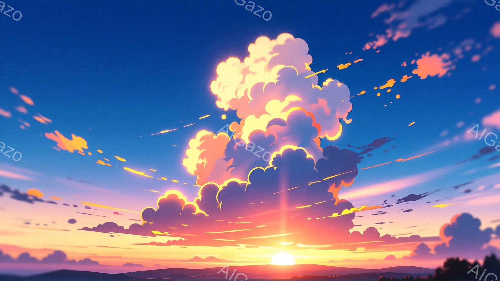 夕焼け空が広がり、巨大なもくもくと小さな雲が鮮やかなオレンジ、ピンク、紫の色で染められています。地平線からは太陽が昇り、強い光線が雲を照らし、暖かく幻想的な雰囲気を醸し出しています。遠くには緑色の丘が見え、空の壮大な色彩と対照をなしています。