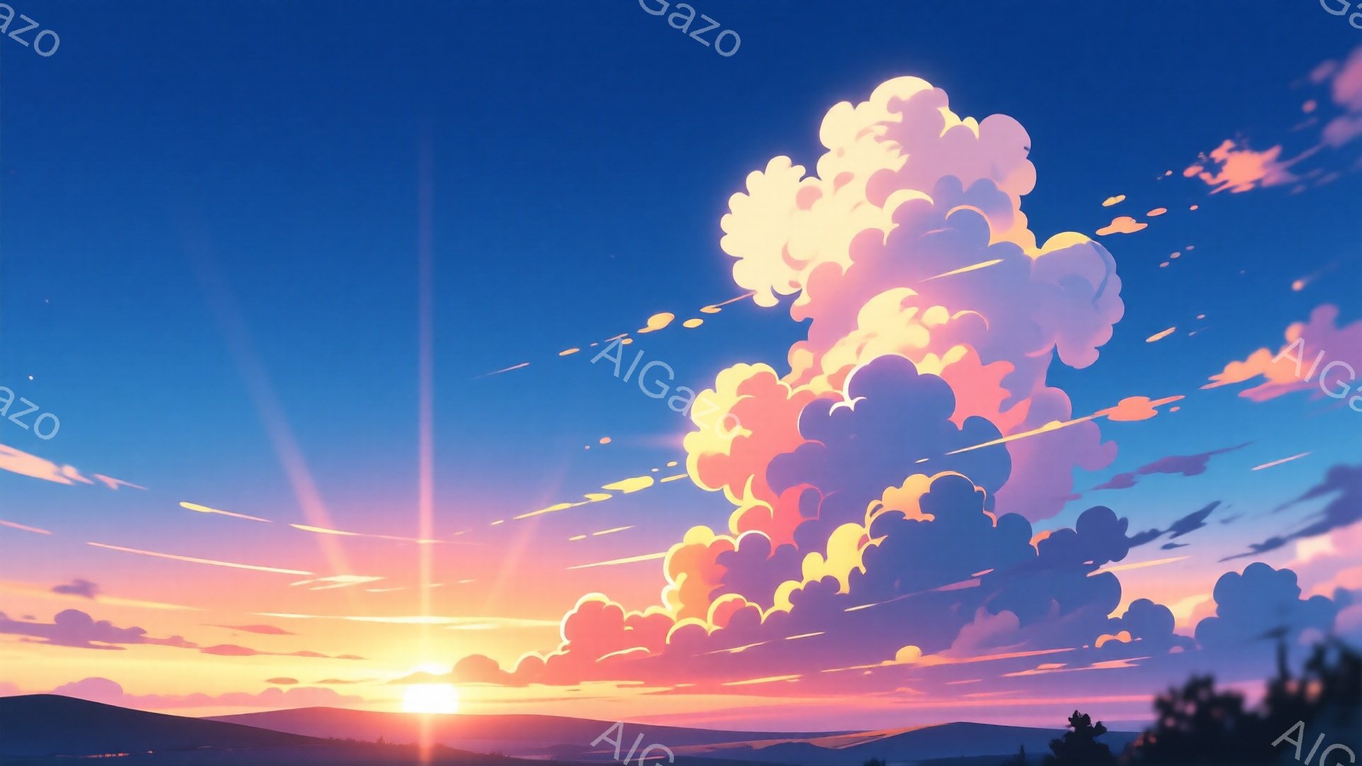 鮮やかな夕焼け空が広がっており、巨大なもくも雲が印象的です。地平線からは太陽が昇り、オレンジやピンク色の光が空全体に広がり、雲を照らしています。遠くにはなだらかな丘陵地帯と、わずかに見える木々が穏やかな雰囲気を醸し出しています。