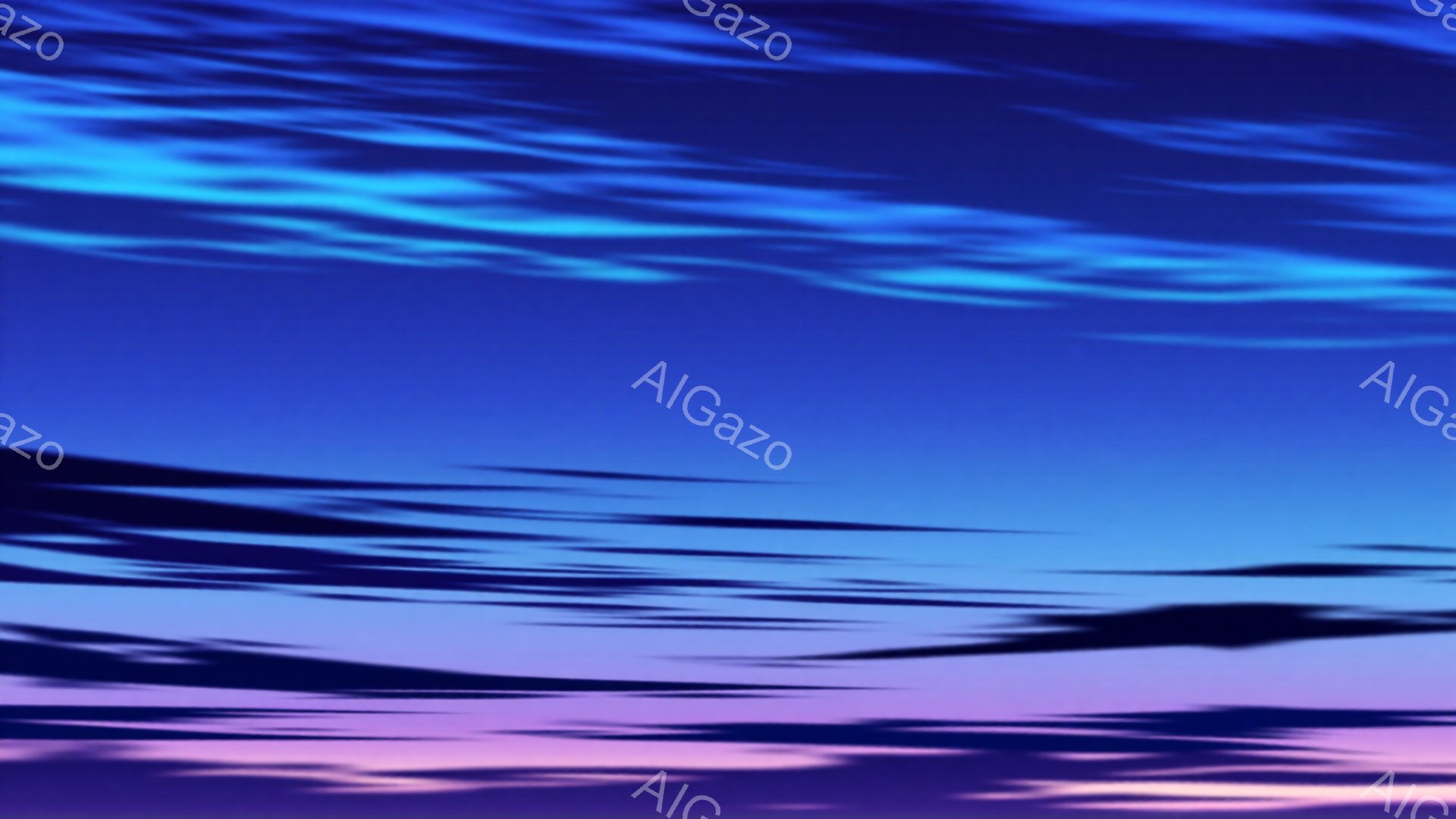 鮮やかな青と紫のグラデーションが空を覆い、まるで夜明けか夕暮れ時の空のようである。雲は筆致のような形で描かれており、動感と奥行きを与えている。全体的に神秘的で穏やかな雰囲気で、静寂と美しさが感じられる。