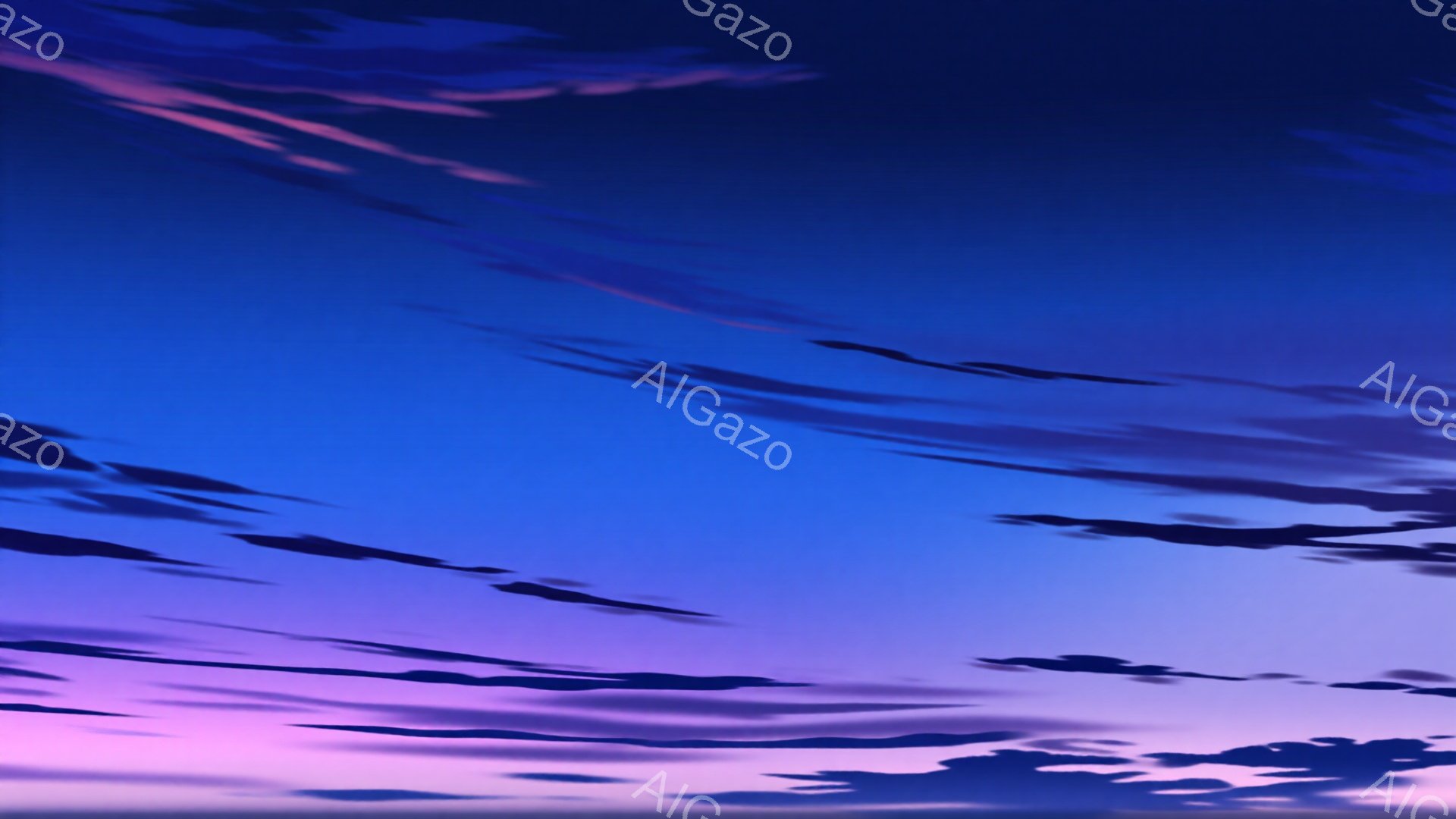 空は鮮やかな青から紫、ピンクへとグラデーションを描き、雲が筆のように流れており、夕暮れまたは夜明けの壮大な空模様を表している。雲は暗いシルエットで、空の色のコントラストを強調している。全体的に、穏やか - AI生成フリー素材