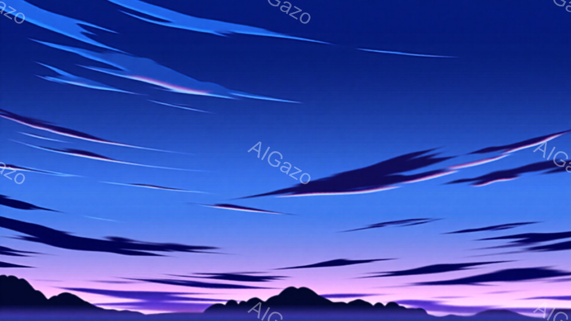 深い青と紫色のグラデーションが印象的な空が広がっており、地平線にはシルエットのような山並みが連なっている。空には、筆致の強い白い雲が横に長く、躍動感を持って配置されている。全体的に静かで幻想的な雰囲気 - AI生成フリー素材