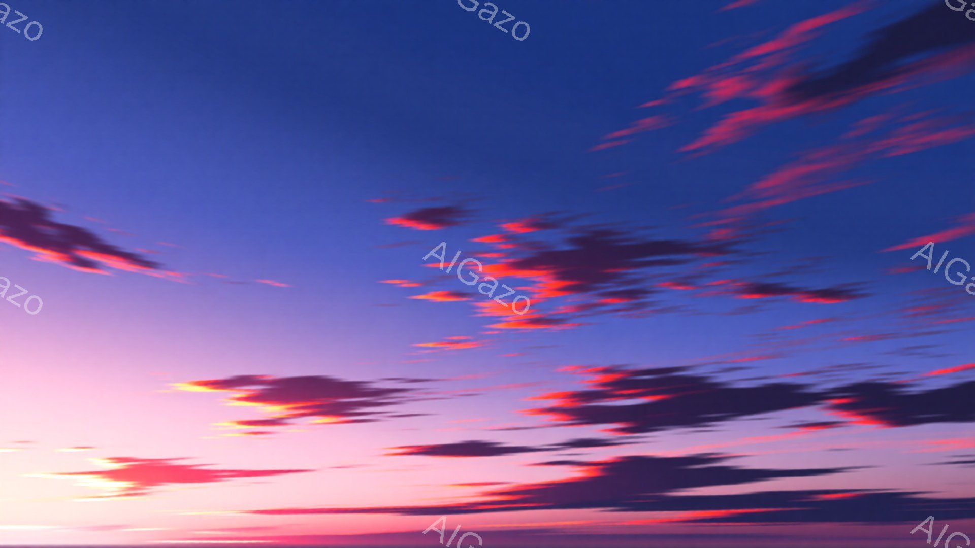 鮮やかな夕焼け空が広がっており、ピンク、紫、赤色の雲が印象的です。雲は空全体に広がり、まるで炎のように燃え上がっているかのようです。この空は、静けさと同時に、力強いエネルギーを感じさせる壮大な光景です。