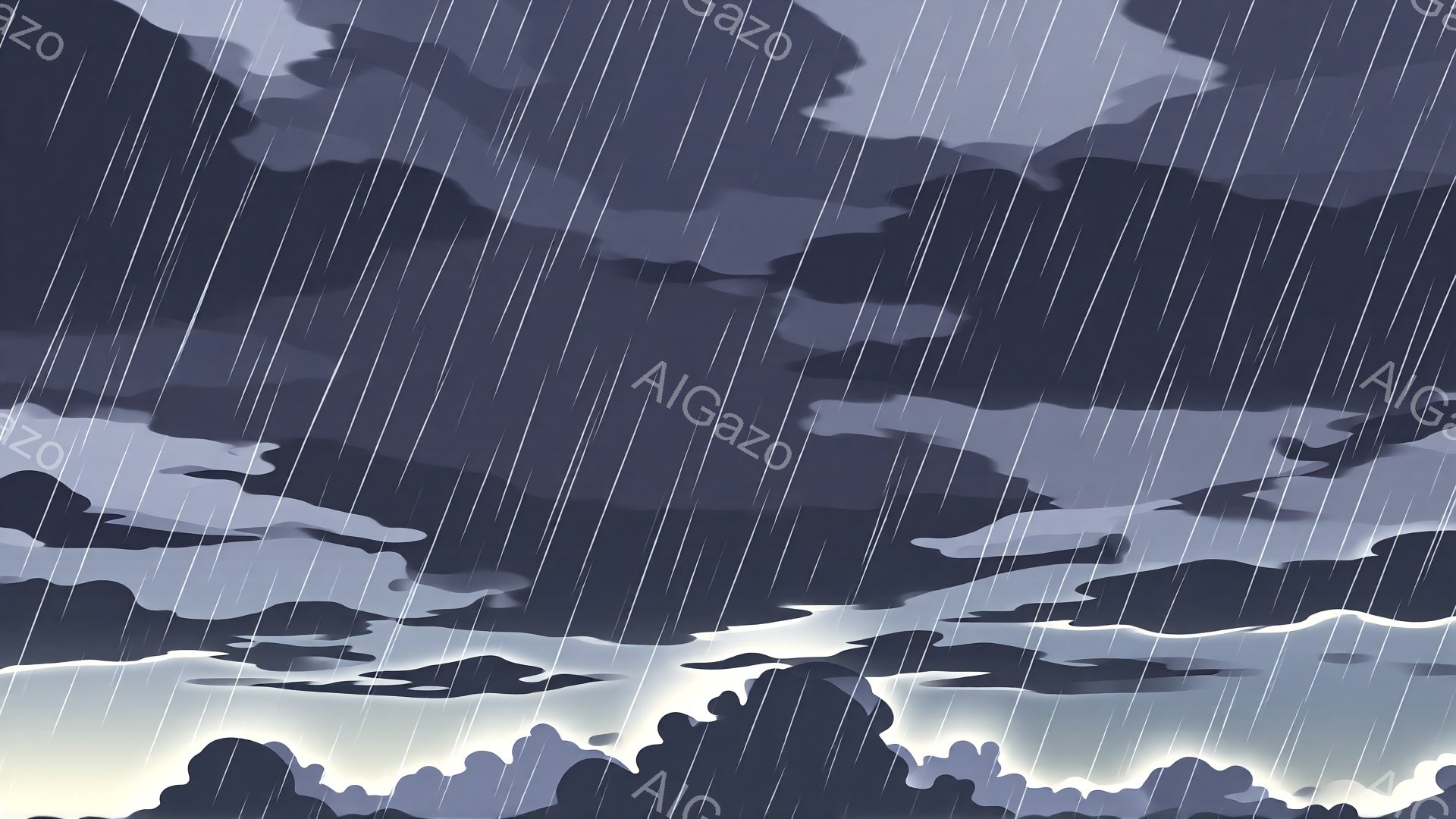 濃い灰色の雲が空を覆い、激しい雨が降っています。雲の形は独特で、まるで波のように重なり合い、白っぽい光が雲間から差し込んでいます。全体的に暗く、嵐の雰囲気が漂い、静けさと力強さが混ざり合っています。