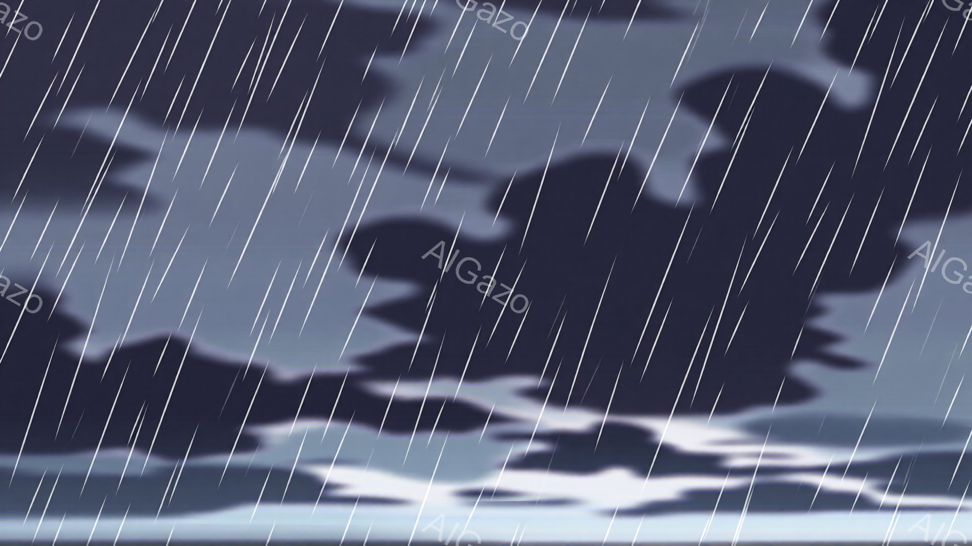 濃い雲が空を覆い、激しい雨が地面に垂直に降っています。雲は暗い青と灰色で、ドラマチックな雰囲気を作り出しています。背景はぼやけていますが、雨の強い影響下にあることがわかります。