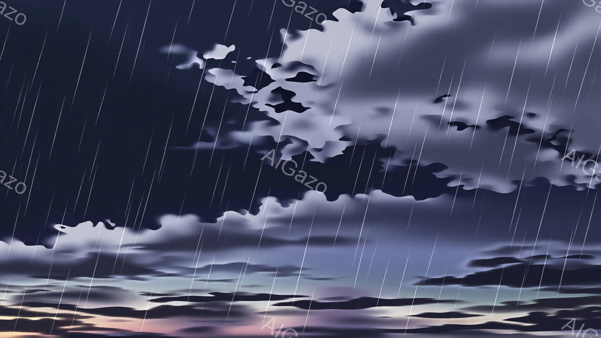 暗い雲が空を覆い、激しい雨が降っています。地平線には薄いピンクと紫色の光が広がり、嵐の最中にも幻想的な雰囲気を醸し出しています。全体的に、憂鬱でドラマチックな天候を描写した一枚の絵画のような風景です。