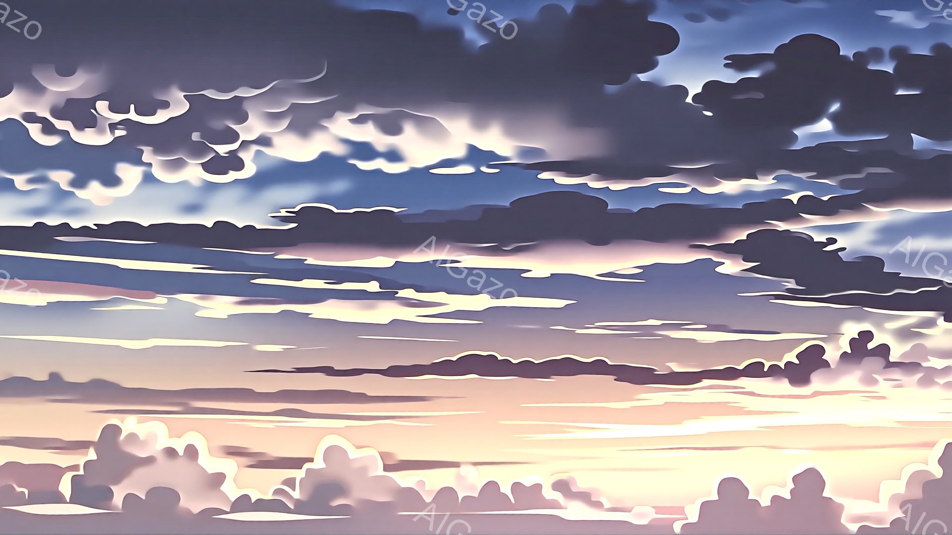 空は、薄紫、ピンク、オレンジ色といった柔らかい色彩で彩られ、地平線から徐々に明るくなっている。雲は層状に広がり、まるで絵の具をぼかしたような、独特の質感を持っている。全体的に穏やかで幻想的な雰囲気が漂 - AI生成フリー素材