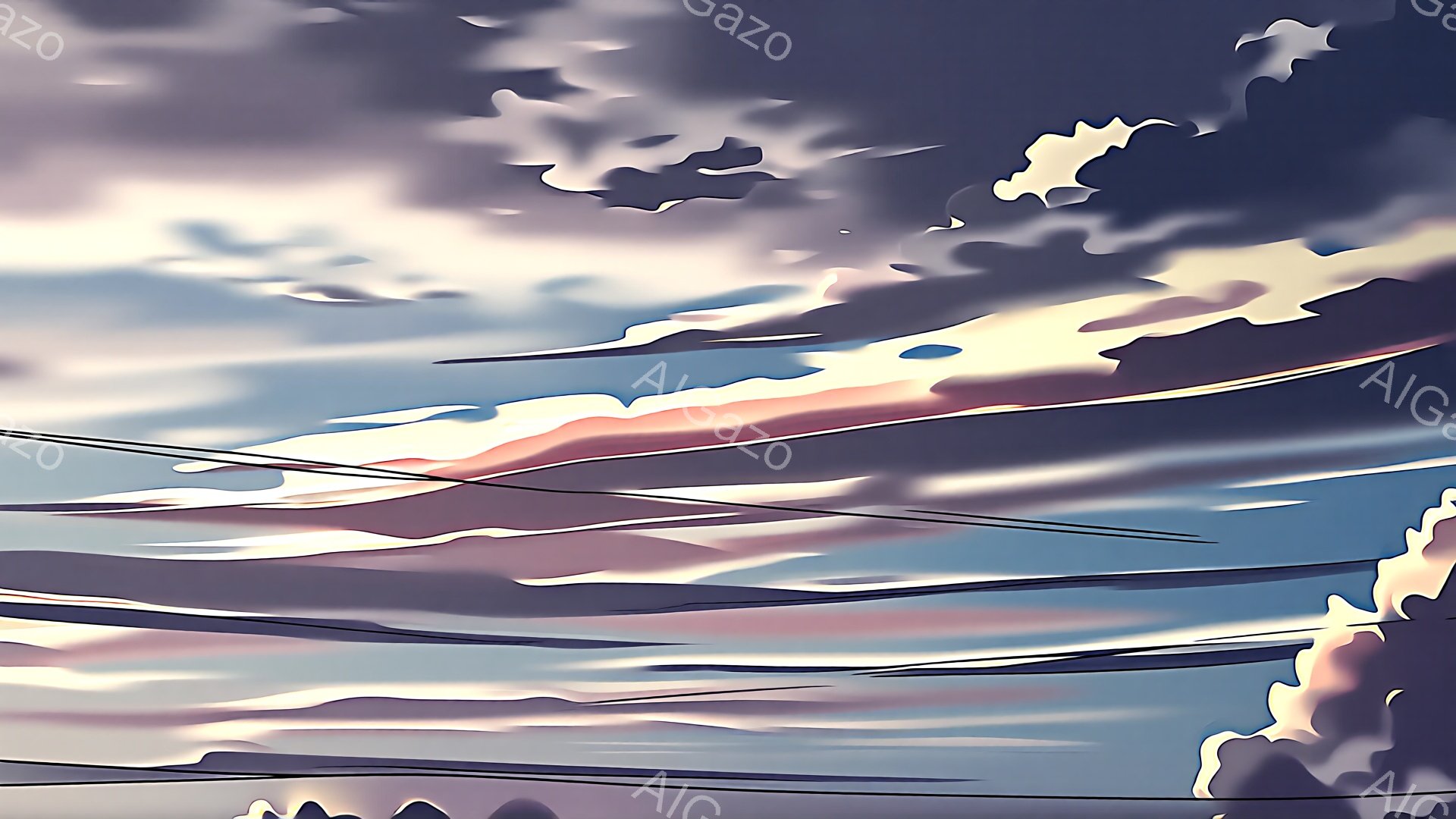 空は夕焼けの色合いで、紫、ピンク、オレンジが混ざり合っている。雲は厚く、動きがあり、遠くにはぼんやりとした山並みが薄紫の色で描かれている。全体として、幻想的で少し寂しげな雰囲気が漂っている。