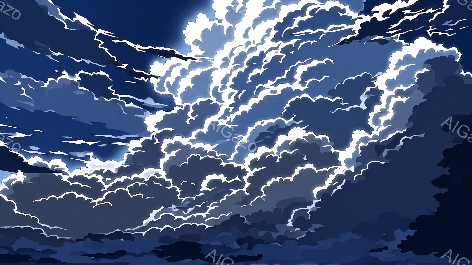 濃い藍色の空に、白く渦巻く雲が力強く描かれている。雲はまるで生き物のようにうねり、光を反射して幻想的な輝きを放っている。全体的に、激しい天候と壮大な自然の力を感じさせる、ダイナミックな構図である。