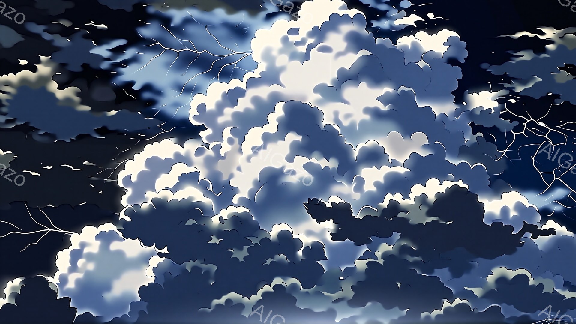 鮮やかな青と白の雲が空を覆い尽くし、まるで波のような渦巻く形が印象的です。暗い夜空に稲妻が走る様子が、雲の合間からわずかに見え、嵐の予感を漂わせています。全体的に、力強くダイナミックな自然の情景が描かれています。