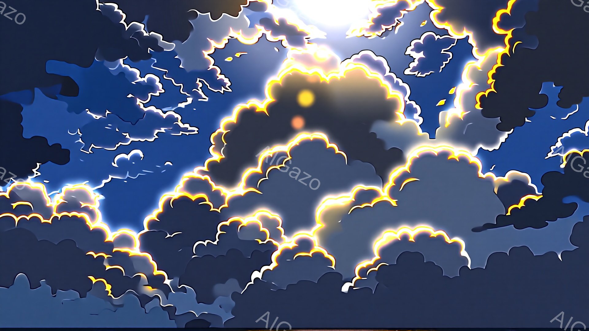 濃い藍色の雲が空を覆い、まるで海のような波紋を描いています。雲の縁は鮮やかな金色に輝き、太陽の光が雲間から差し込む幻想的な光景を作り出しています。全体的に、静かで神秘的な、ややドラマチックな雰囲気が漂っています。