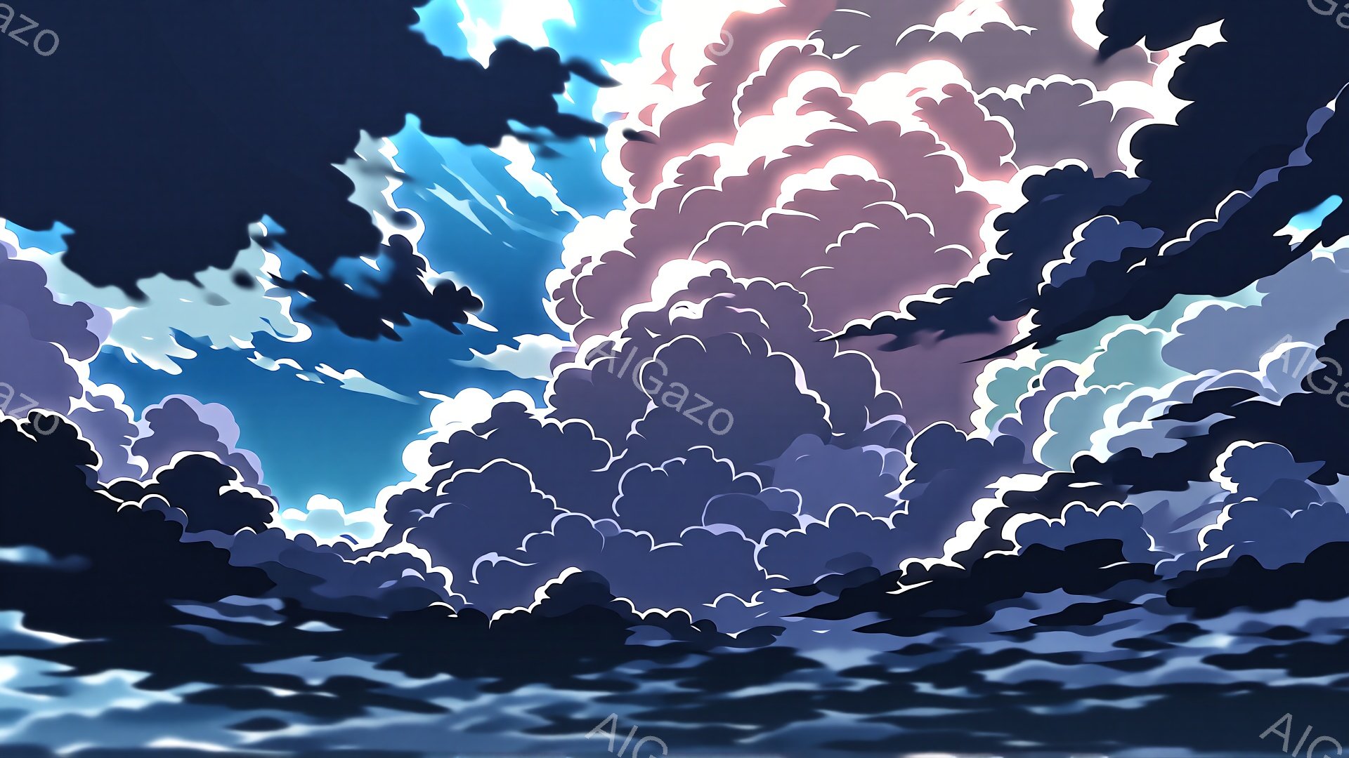 濃い藍色とすみ黒色の雲が画面全体を覆い、まるで夜空のようである。雲の隙間から淡い水色とピンク色の光が差し込み、幻想的でドラマチックな雰囲気を醸し出している。全体的に力強く、壮大な自然のエネルギーを感じさせる。