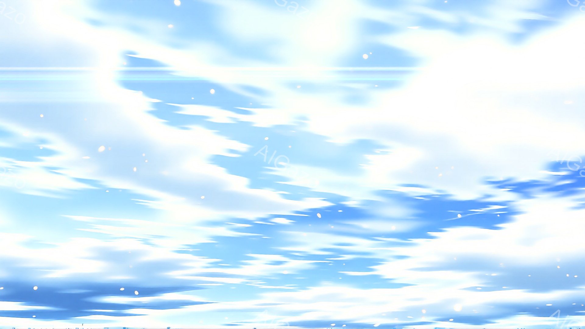 空は鮮やかな青色を基調とし、ふわふわとした白い雲が広がり、まるで水彩画のような優しい印象を与えます。雲の形は不規則で、光が差し込み、キラキラと輝いているように見えます。全体的に穏やかで、平和な雰囲気を - AI生成フリー素材