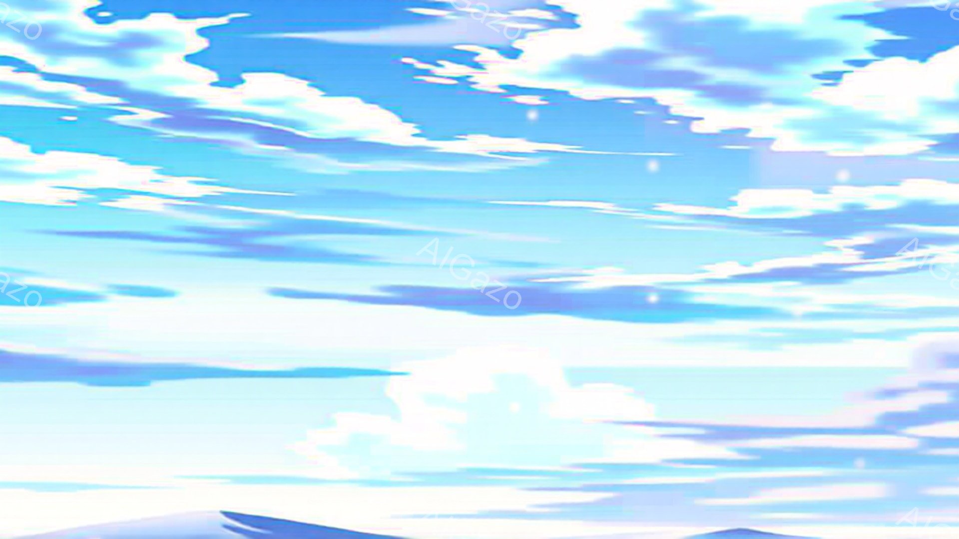 鮮やかな青空に、ふわふわとした白い雲が広がり、まるで絵画のような美しい風景です。地平線には、雪をかぶった山々が静かに佇み、穏やかな冬の日の雰囲気を醸し出しています。空は明るく、希望に満ちた、平和な印象を与えます。