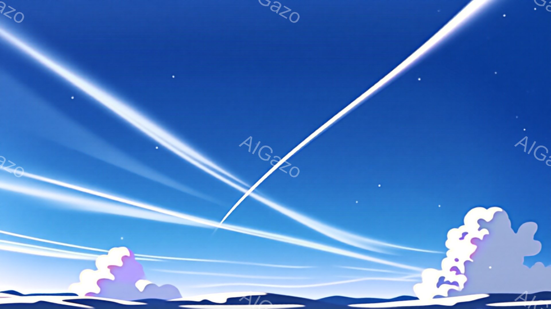 鮮やかな青空を背景に、白い筋状の光が複数、放射状に広がっている様子が描かれています。地平線付近には、紫と白のグラデーションで表現された山並みと、ふわふわとした雲が浮かび、幻想的な雰囲気を醸し出しています。星が散りばめられた空は、まるで宇宙空間の一部を切り取ったかのような印象を与えます。