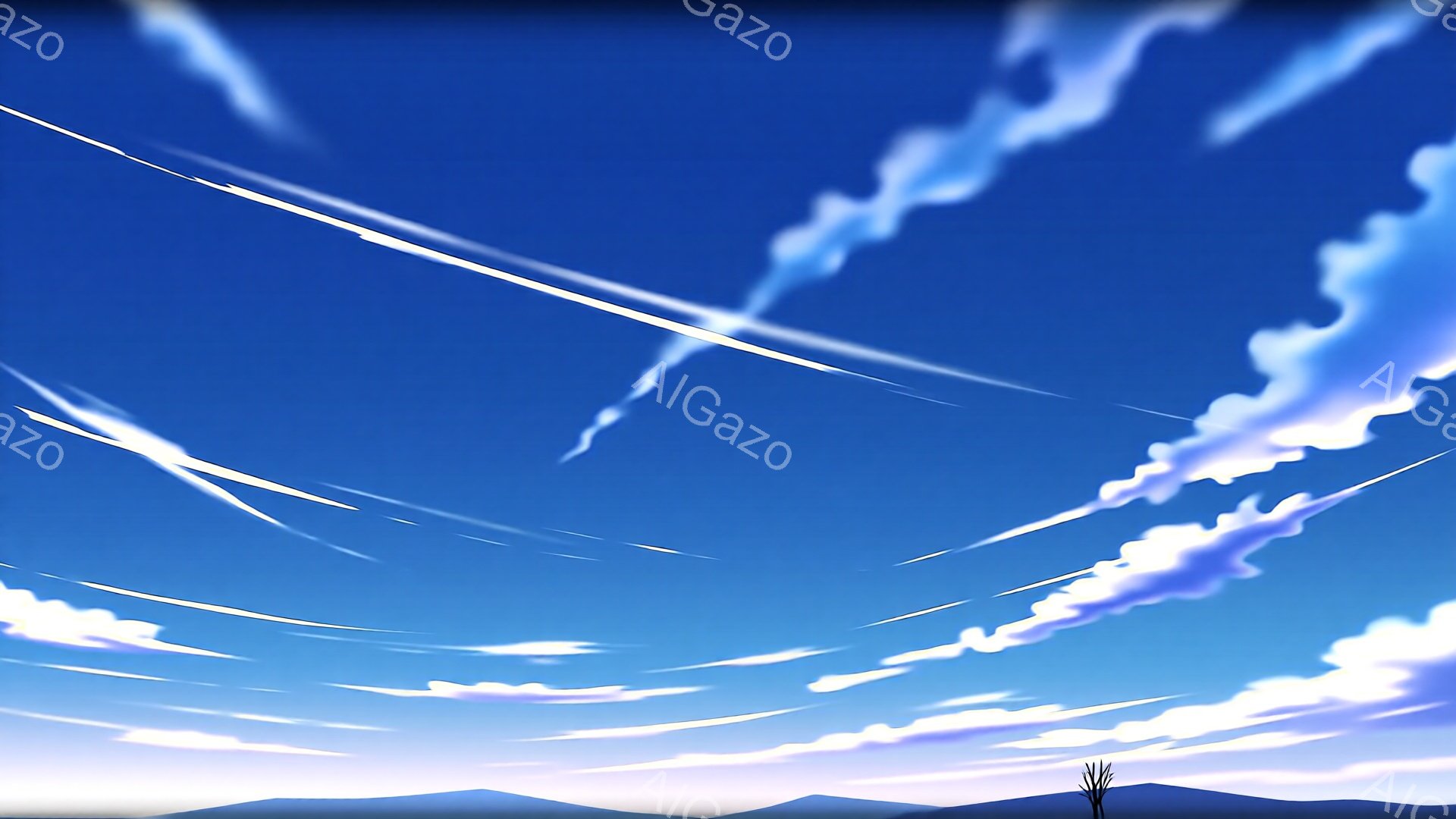 広大な青空に白い雲が流れ、遠くに山々が連なっている風景だ。地平線近くには、一本の枯れ木がシルエットとして浮かび上がり、静寂さと孤独感を漂わせている。空には飛行機雲が数本走り、爽やかでどこか寂しげな雰囲気を醸し出している。