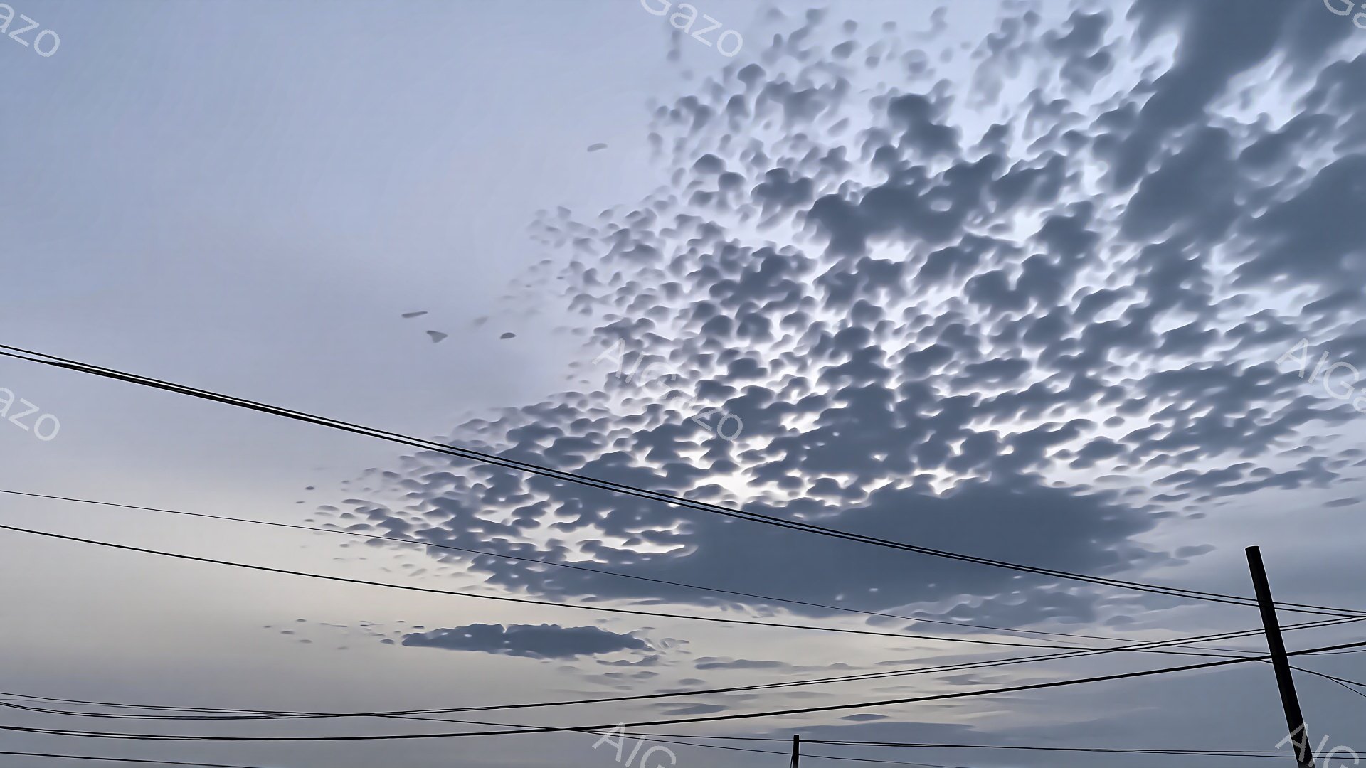 空には、まるで羊雲のような、丸くふわふわとした雲が広がり、薄明かりに照らされて、独特の陰影を作り出しています。地平線近くには雲が広がり、空全体が穏やかで幻想的な雰囲気を醸し出しています。電線と電柱が前景にあり、静寂な空とのコントラストを際立たせています。
